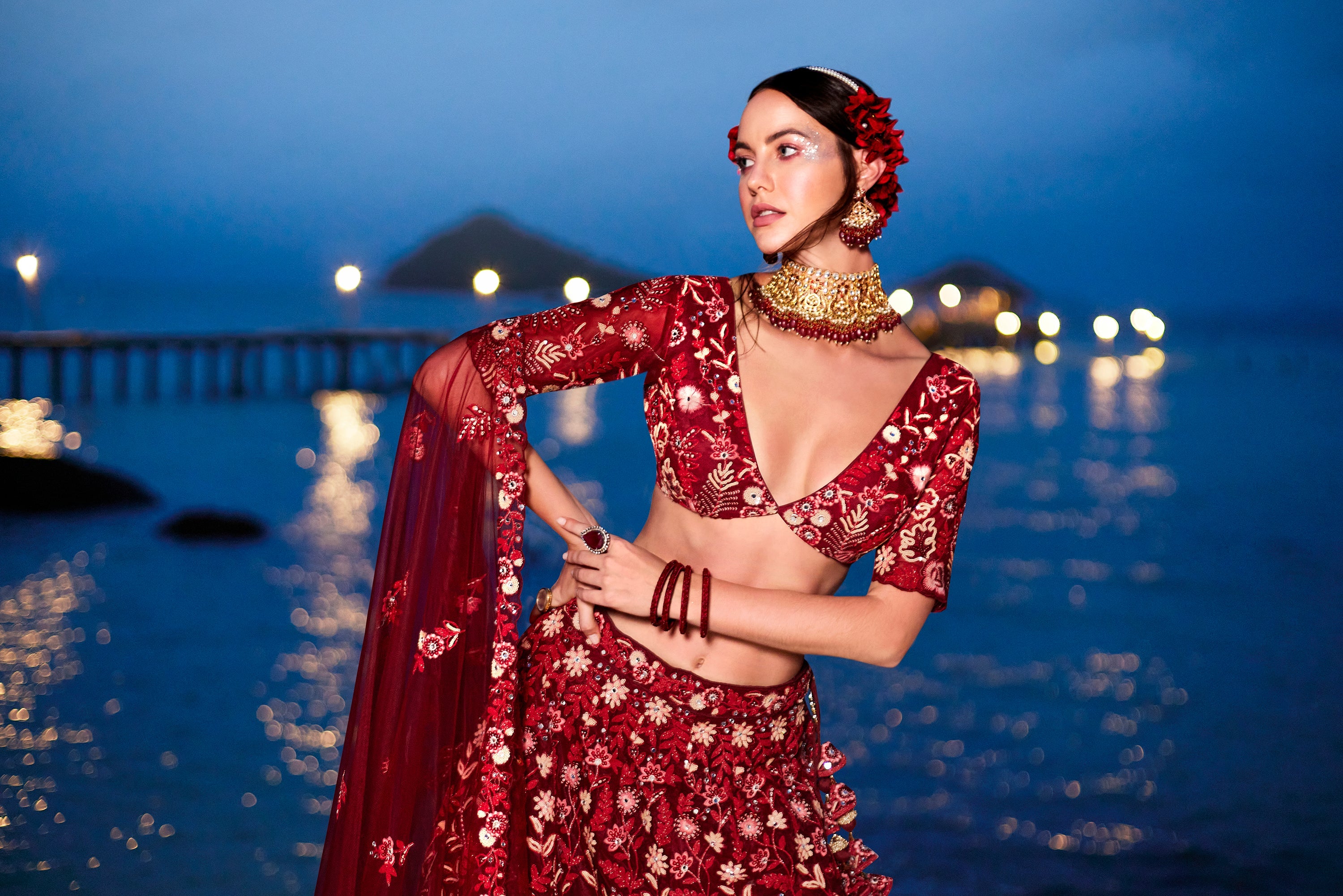 House of Panchhi Red Net Sequins, Mirror And Thread Embroidery Lehenga Choli & Dupatta
