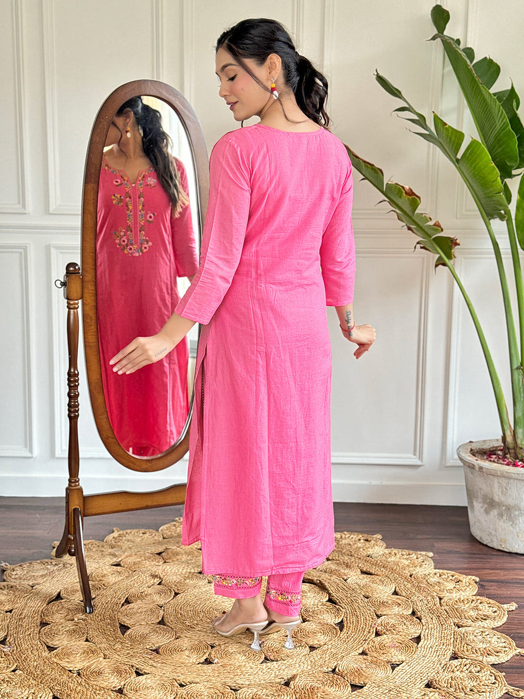 The52 Pink Thread Work Viscose Fabric Straight Kurta, Pant and Dupatta Set - Distacart