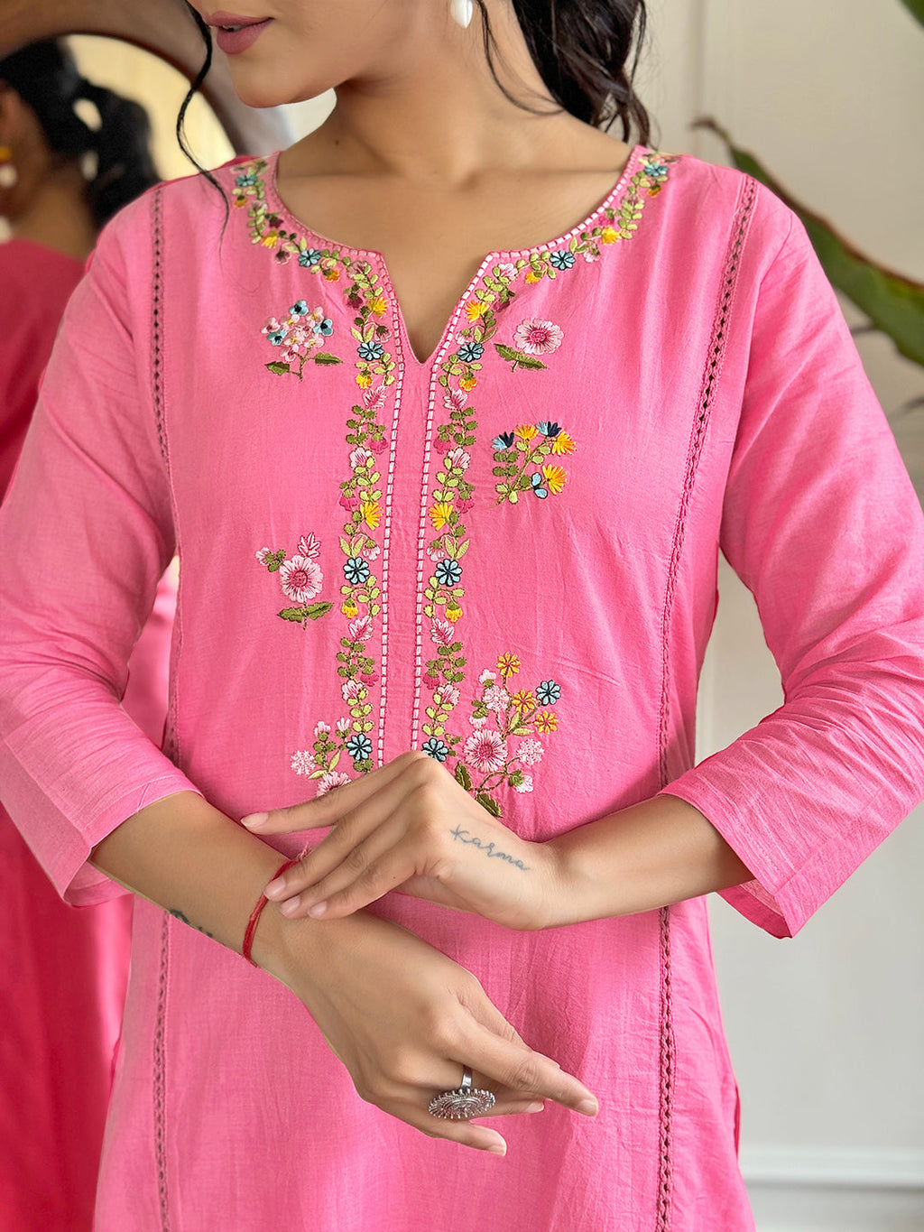 The52 Pink Thread Work Viscose Fabric Straight Kurta, Pant and Dupatta Set - Distacart