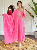The52 Pink Thread Work Viscose Fabric Straight Kurta, Pant and Dupatta Set - Distacart