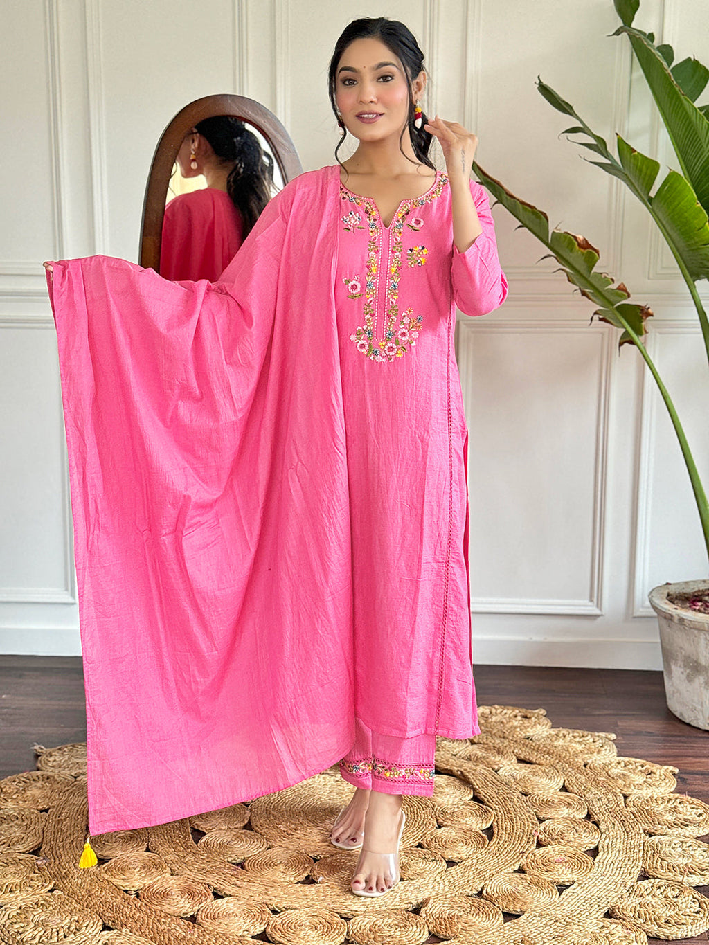 The52 Pink Thread Work Viscose Fabric Straight Kurta, Pant and Dupatta Set - Distacart