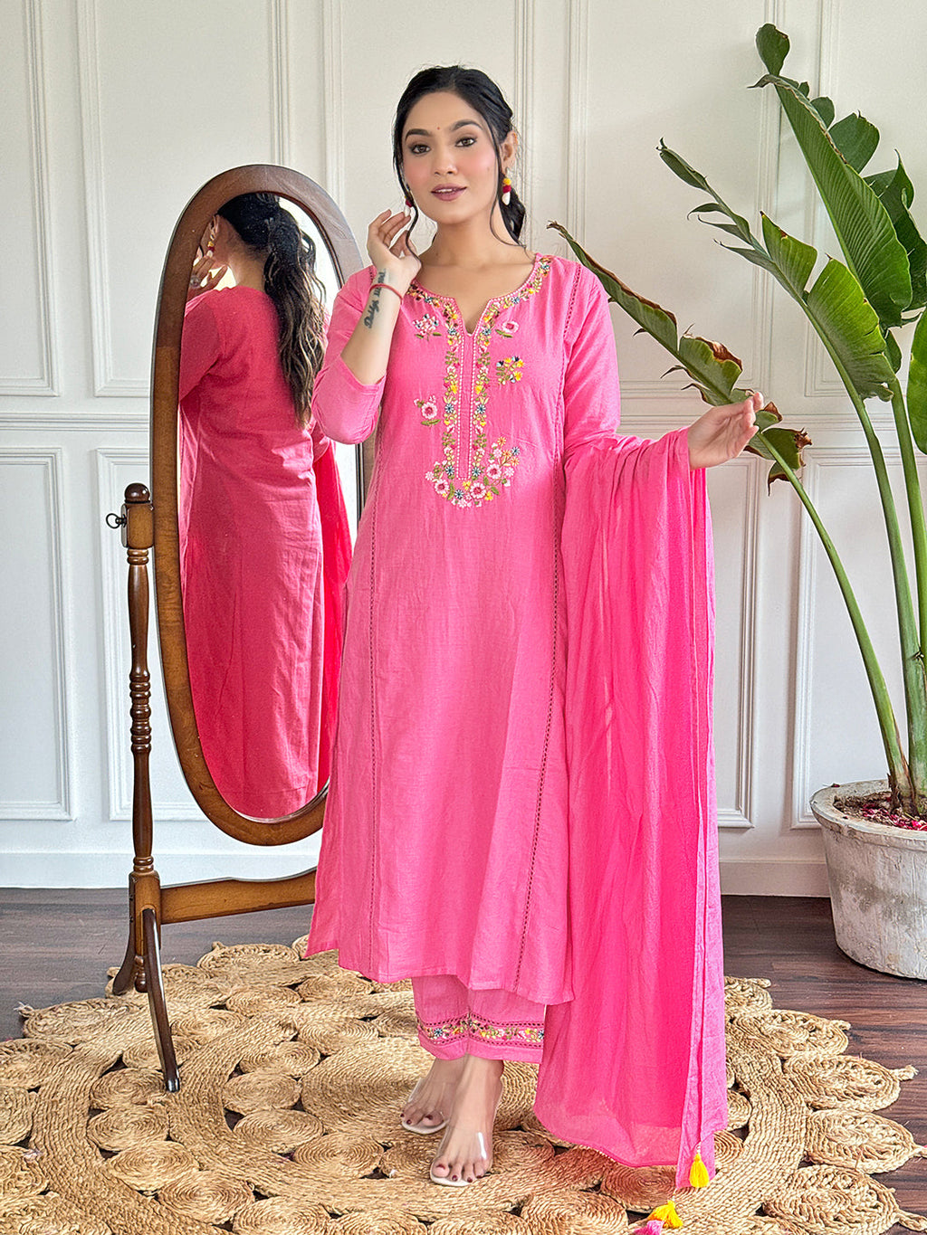 The52 Pink Thread Work Viscose Fabric Straight Kurta, Pant and Dupatta Set - Distacart