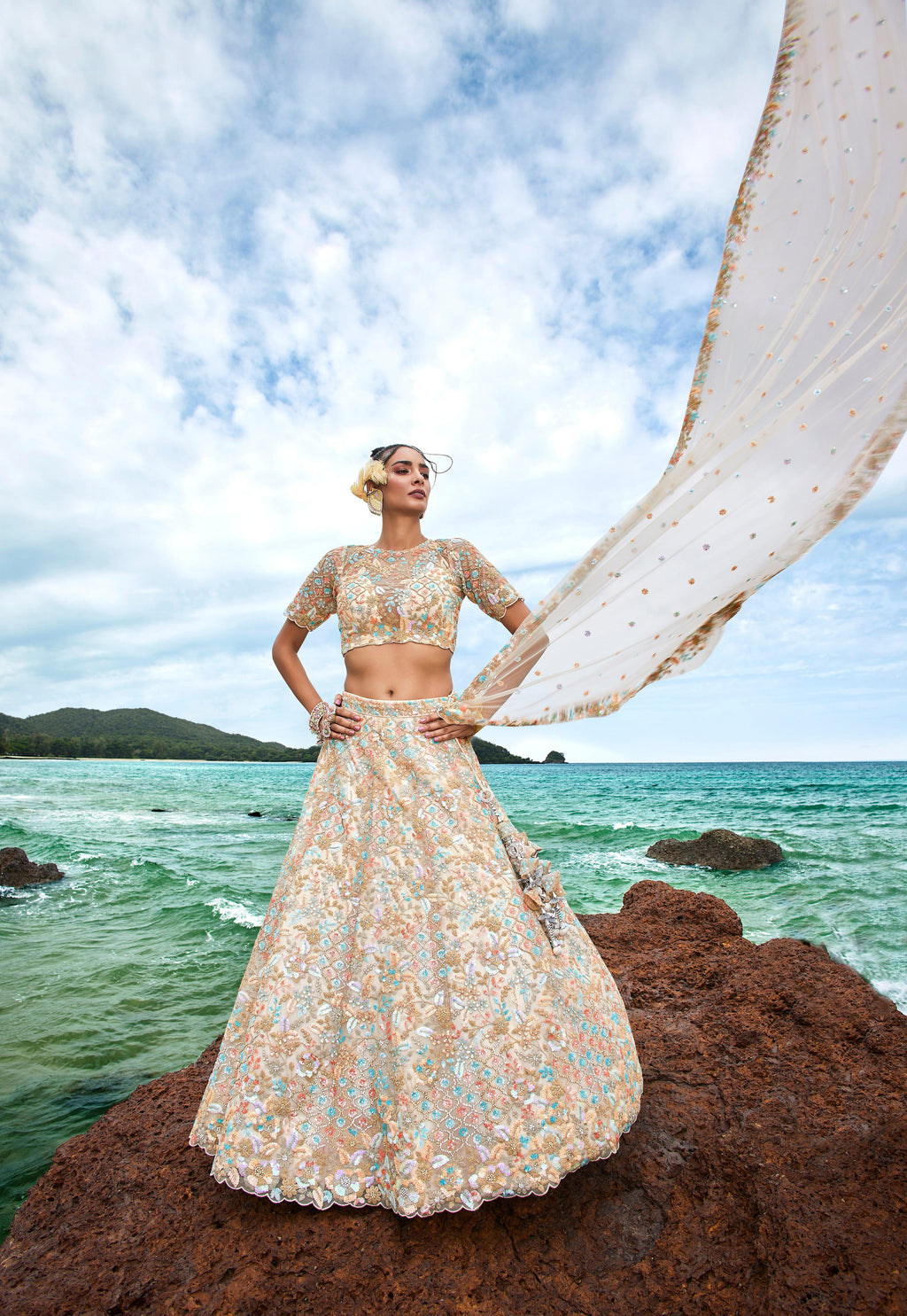 House of Panchhi Cream Net Multi Colour Sequins, Zarkans And Thread Embroidery Lehenga Choli & Dupatta