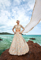 House of Panchhi Cream Net Multi Colour Sequins, Zarkans And Thread Embroidery Lehenga Choli & Dupatta