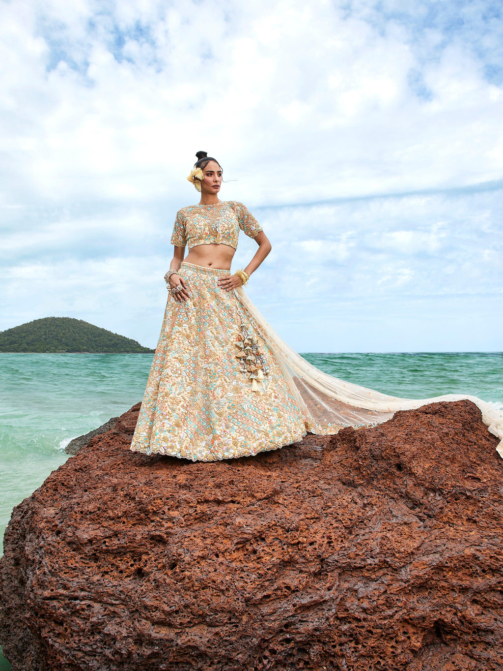 House of Panchhi Cream Net Multi Colour Sequins, Zarkans And Thread Embroidery Lehenga Choli & Dupatta