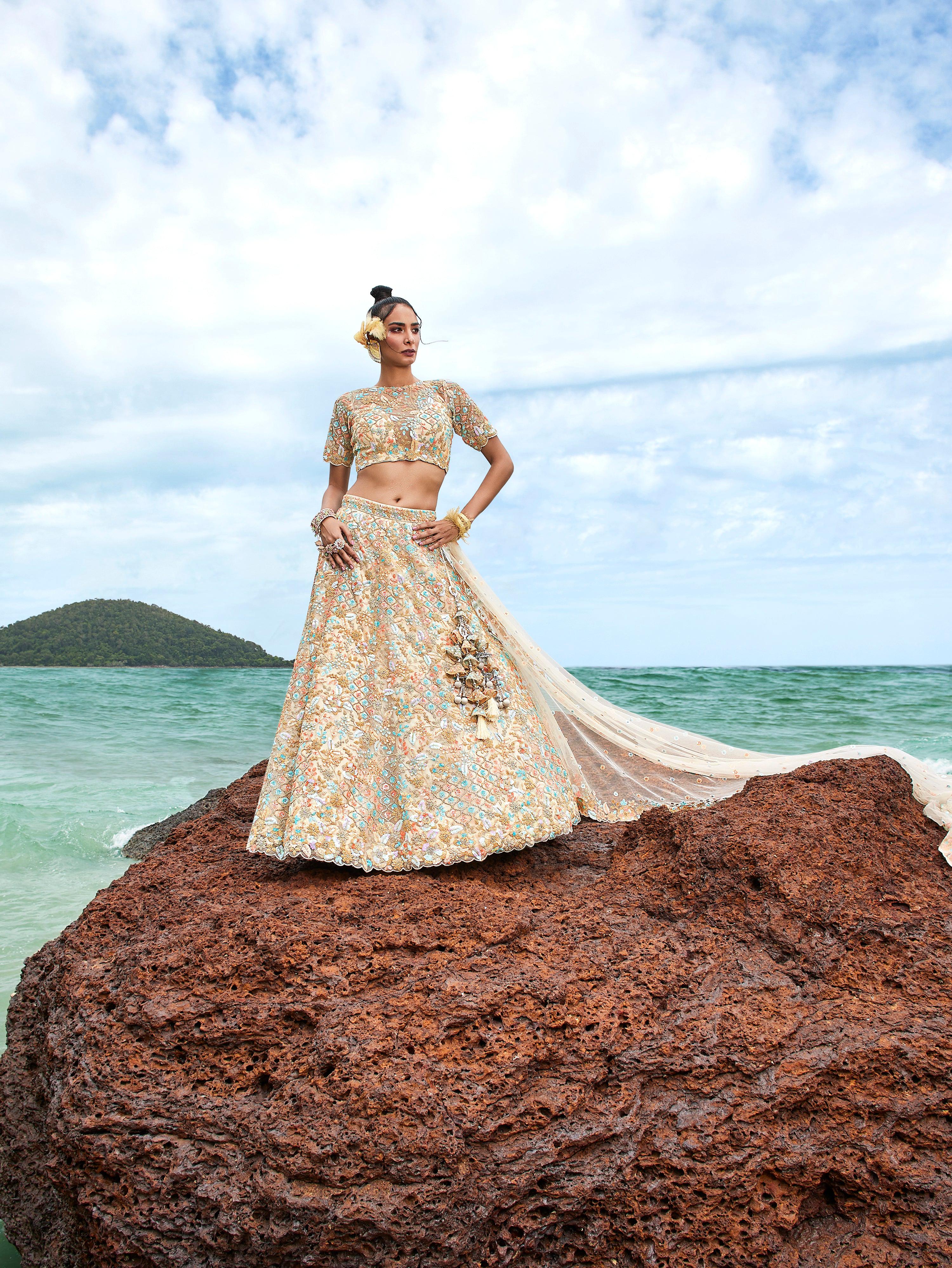 House of Panchhi Cream Net Multi Colour Sequins, Zarkans And Thread Embroidery Lehenga Choli & Dupatta