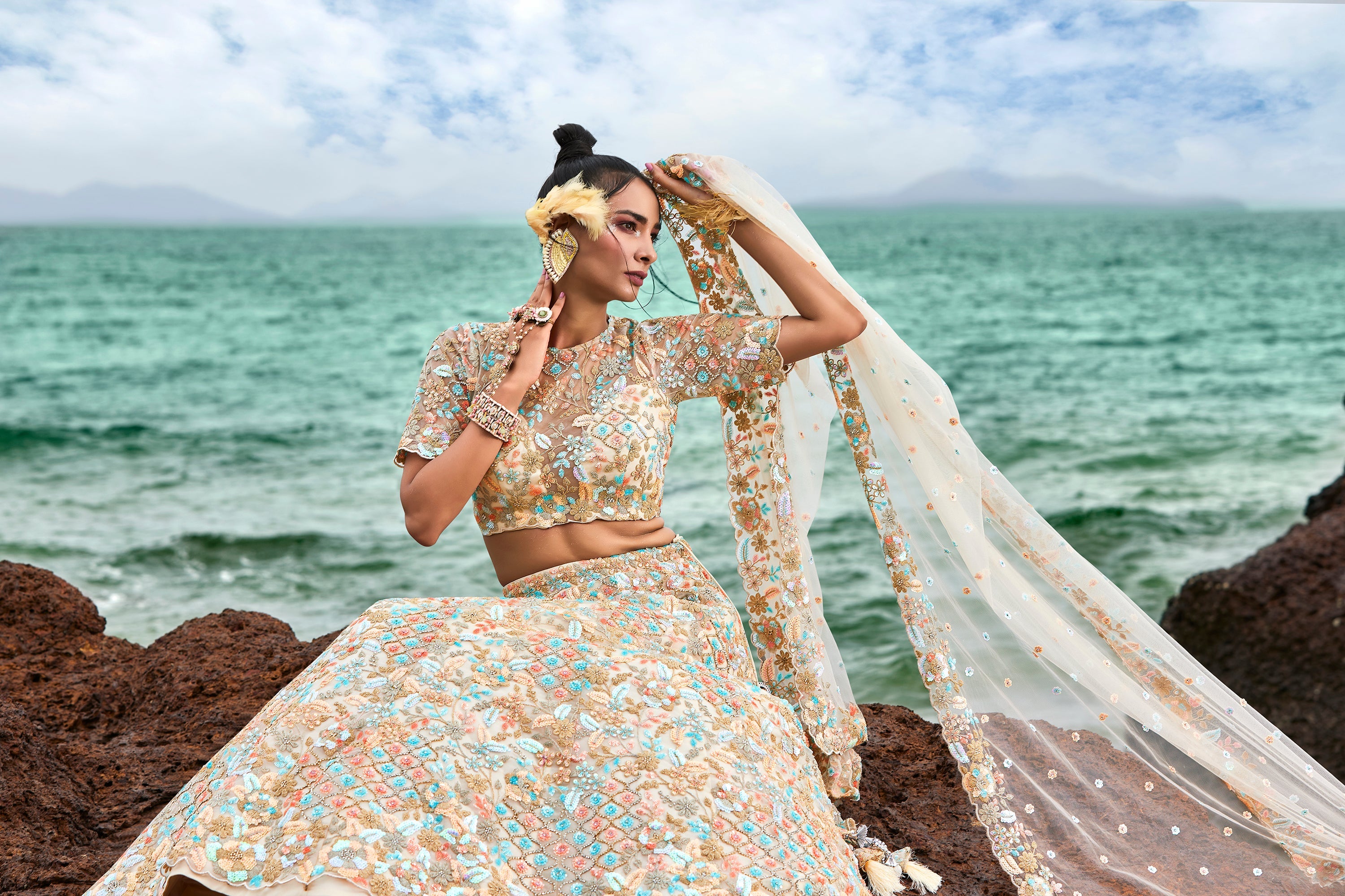 House of Panchhi Cream Net Multi Colour Sequins, Zarkans And Thread Embroidery Lehenga Choli & Dupatta