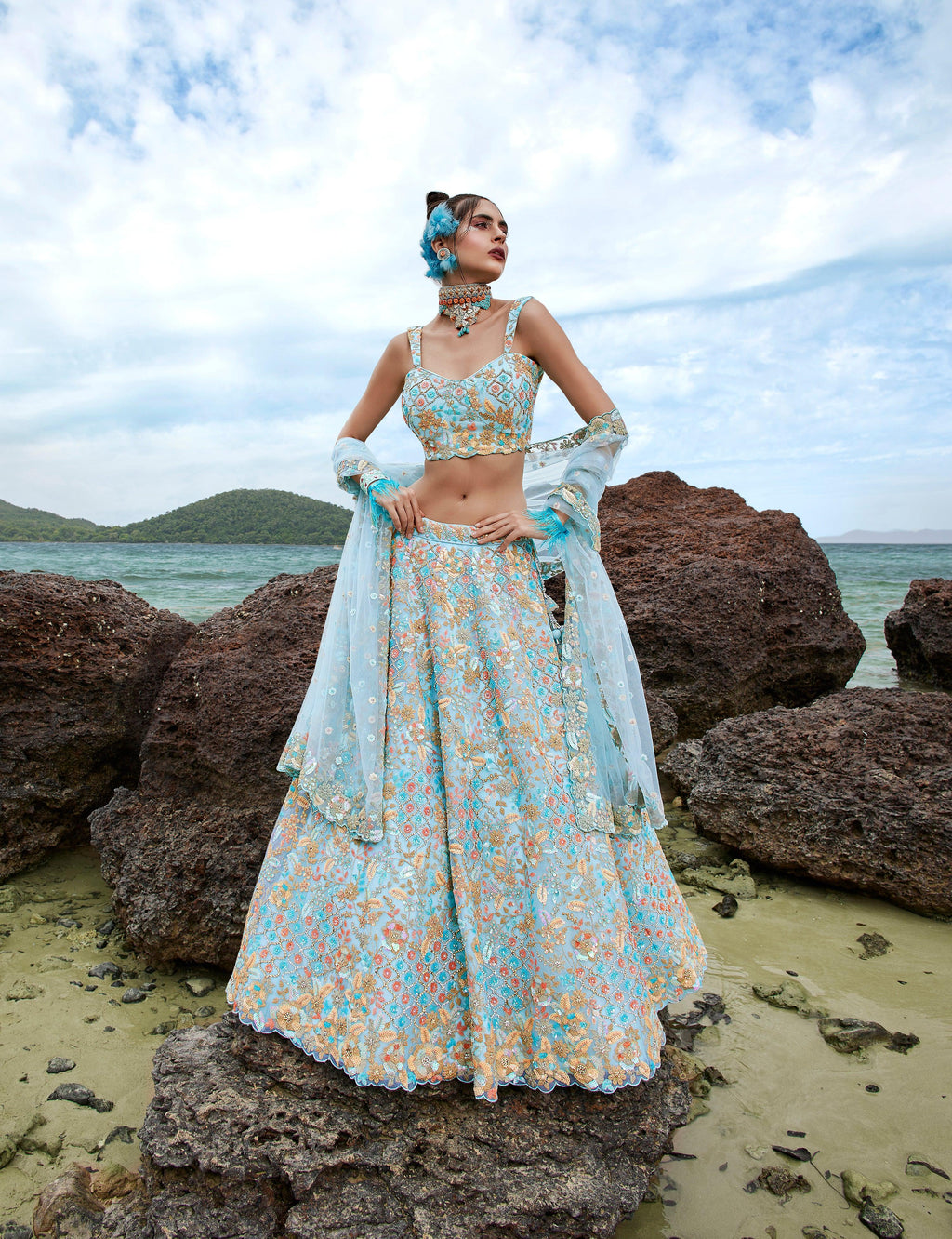 House of Panchhi Turquoise Blue Net Multi Colour Sequins, Zarkans And Thread Embroidery Lehenga Choli & Dupatta