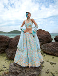 House of Panchhi Turquoise Blue Net Multi Colour Sequins, Zarkans And Thread Embroidery Lehenga Choli & Dupatta