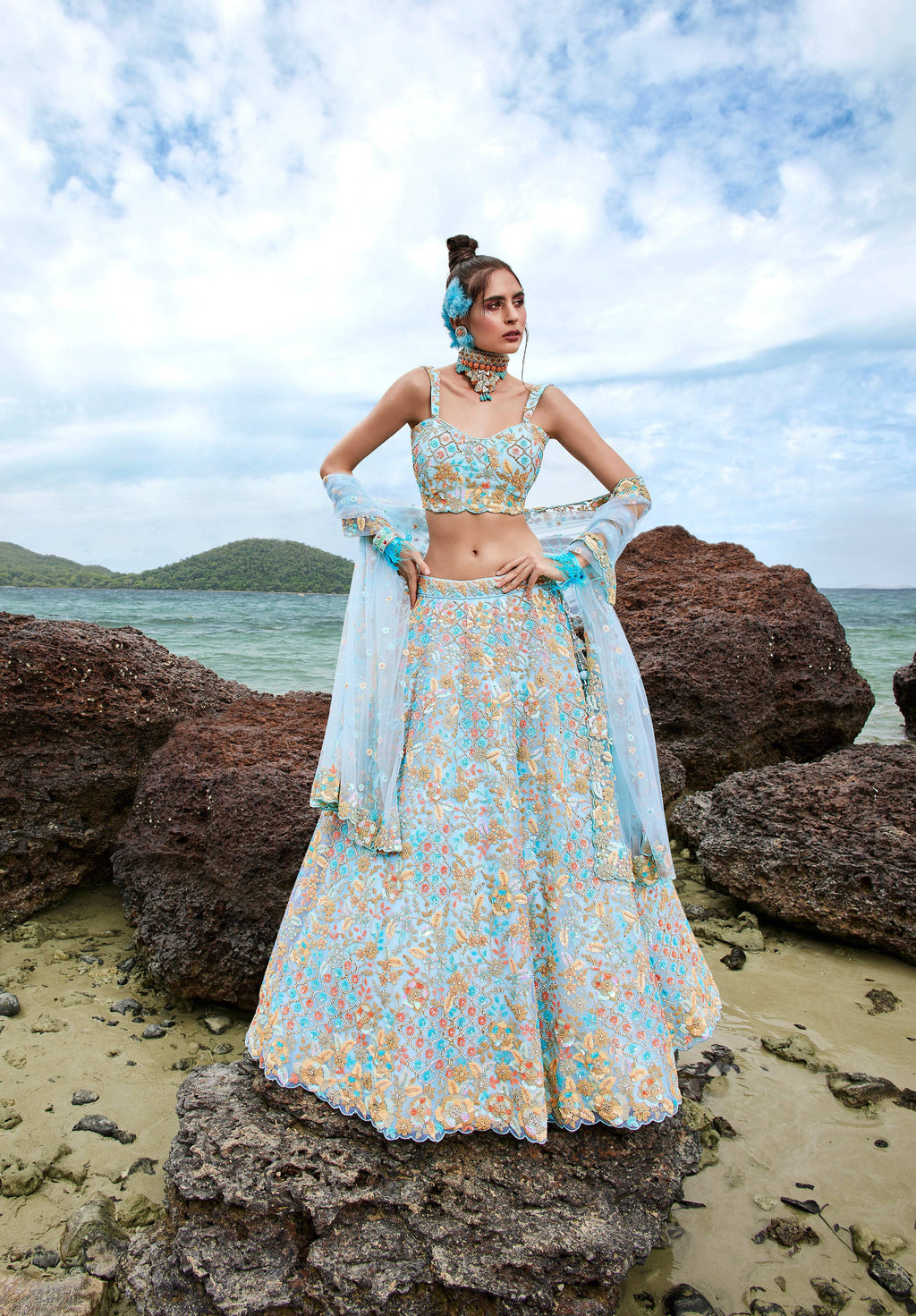 House of Panchhi Turquoise Blue Net Multi Colour Sequins, Zarkans And Thread Embroidery Lehenga Choli & Dupatta