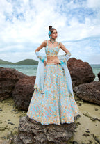 House of Panchhi Turquoise Blue Net Multi Colour Sequins, Zarkans And Thread Embroidery Lehenga Choli & Dupatta