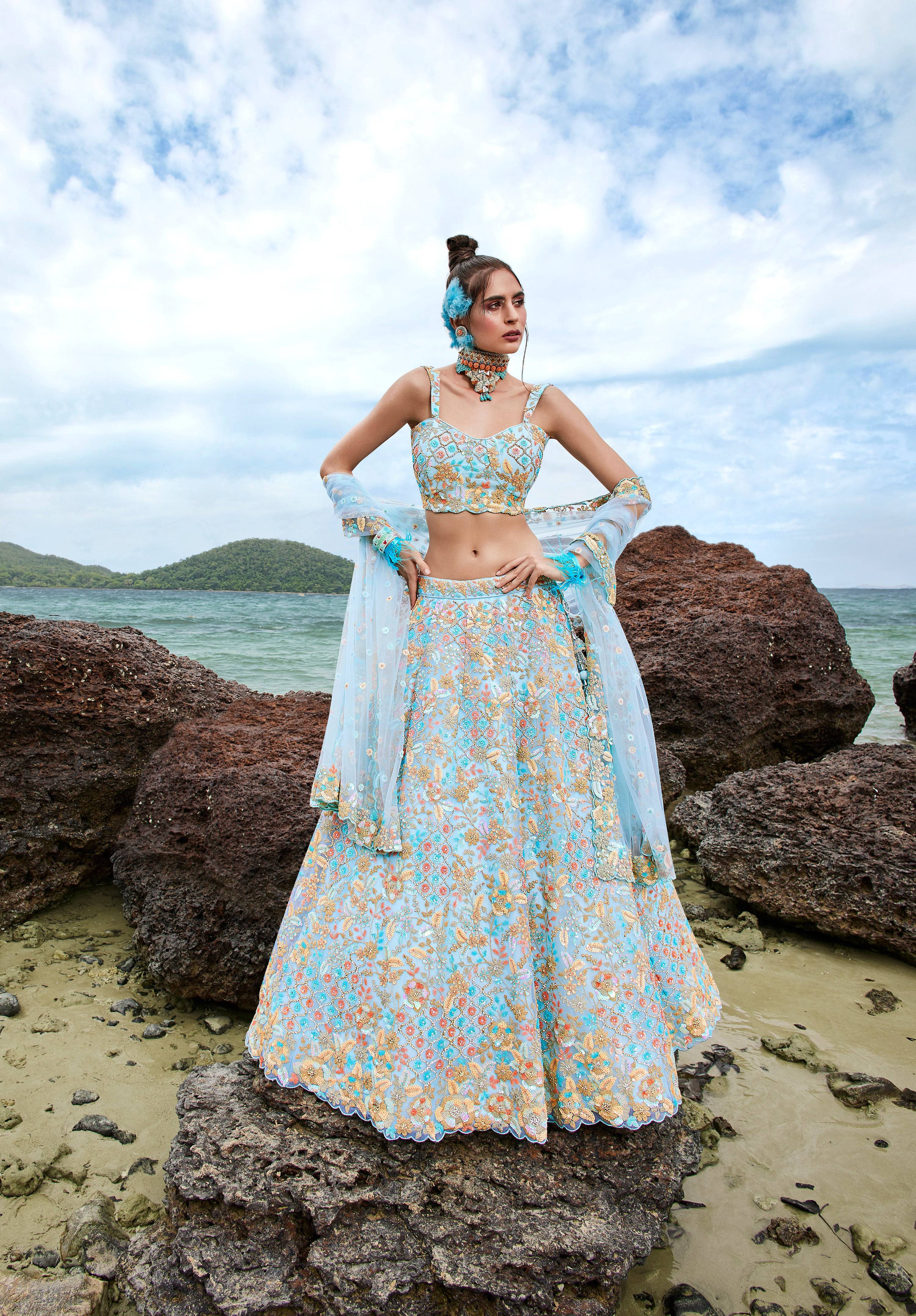 House of Panchhi Turquoise Blue Net Multi Colour Sequins, Zarkans And Thread Embroidery Lehenga Choli & Dupatta