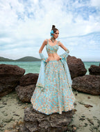 House of Panchhi Turquoise Blue Net Multi Colour Sequins, Zarkans And Thread Embroidery Lehenga Choli & Dupatta