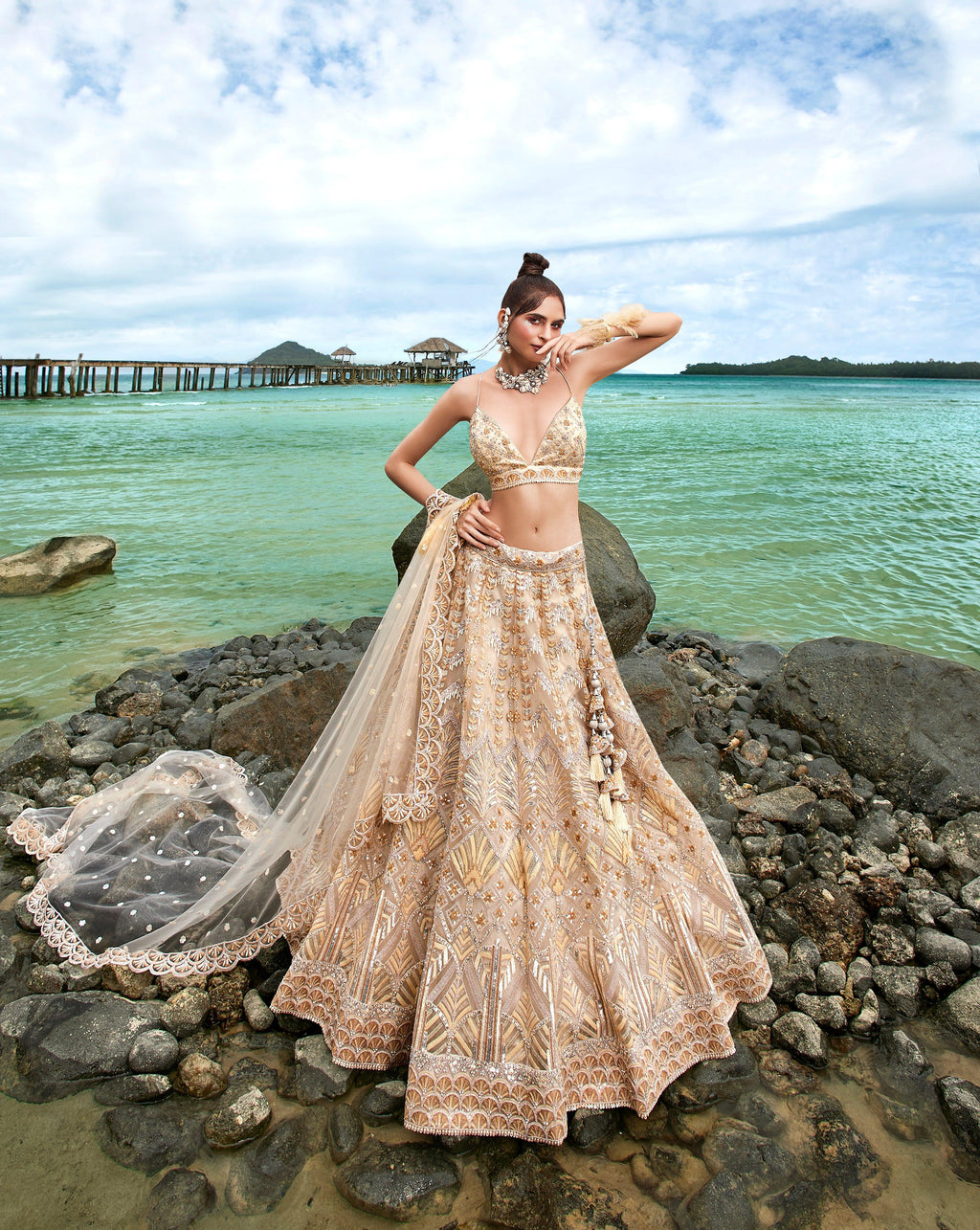 House of Panchhi Cream Net Sequins, Zarkan And Thread Embroidery Lehenga Choli & Dupatta