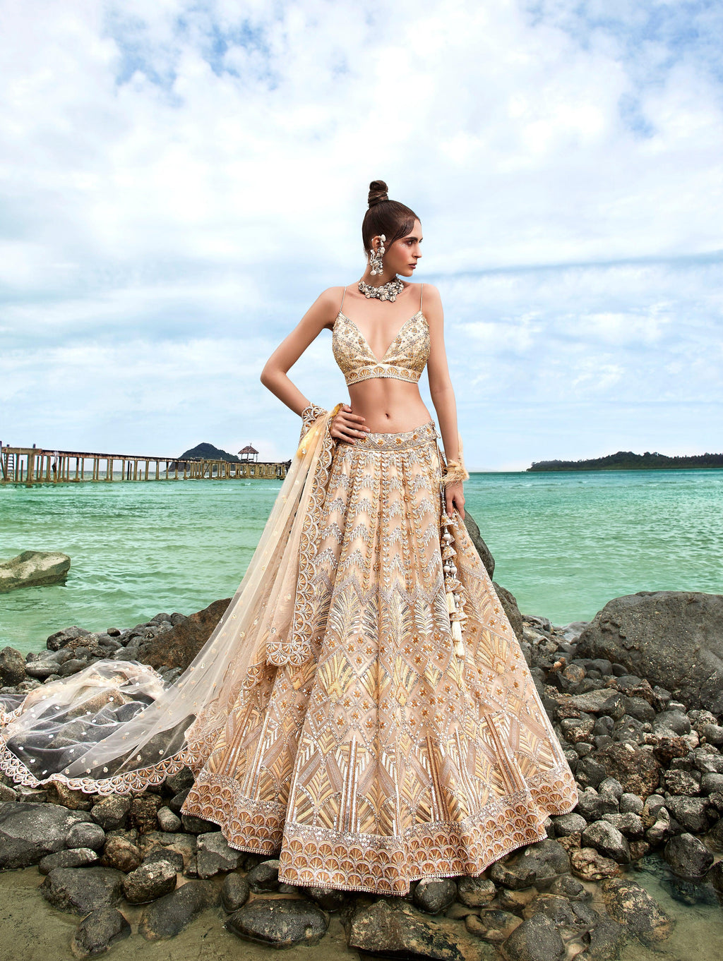 House of Panchhi Cream Net Sequins, Zarkan And Thread Embroidery Lehenga Choli & Dupatta