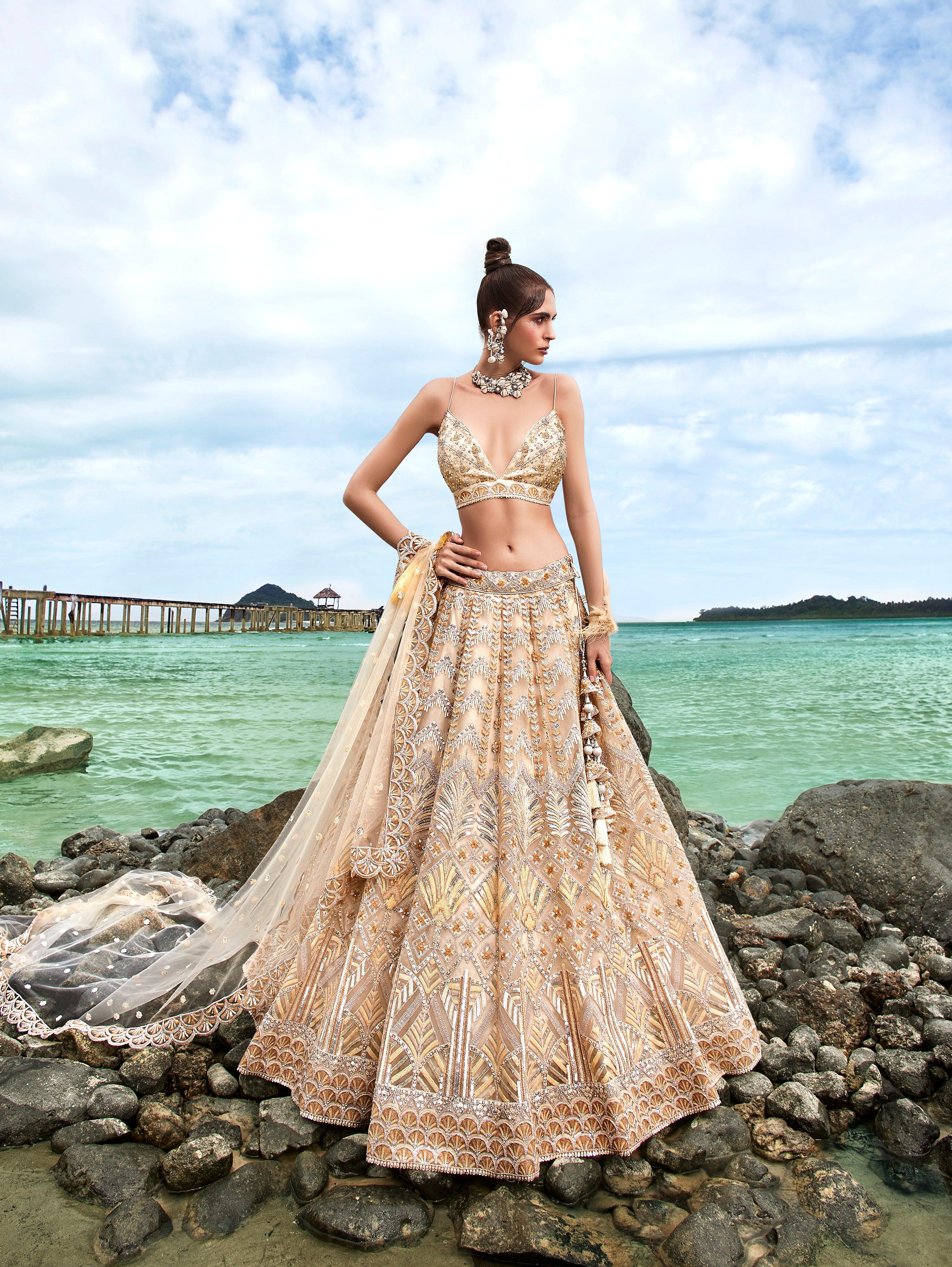 House of Panchhi Cream Net Sequins, Zarkan And Thread Embroidery Lehenga Choli & Dupatta