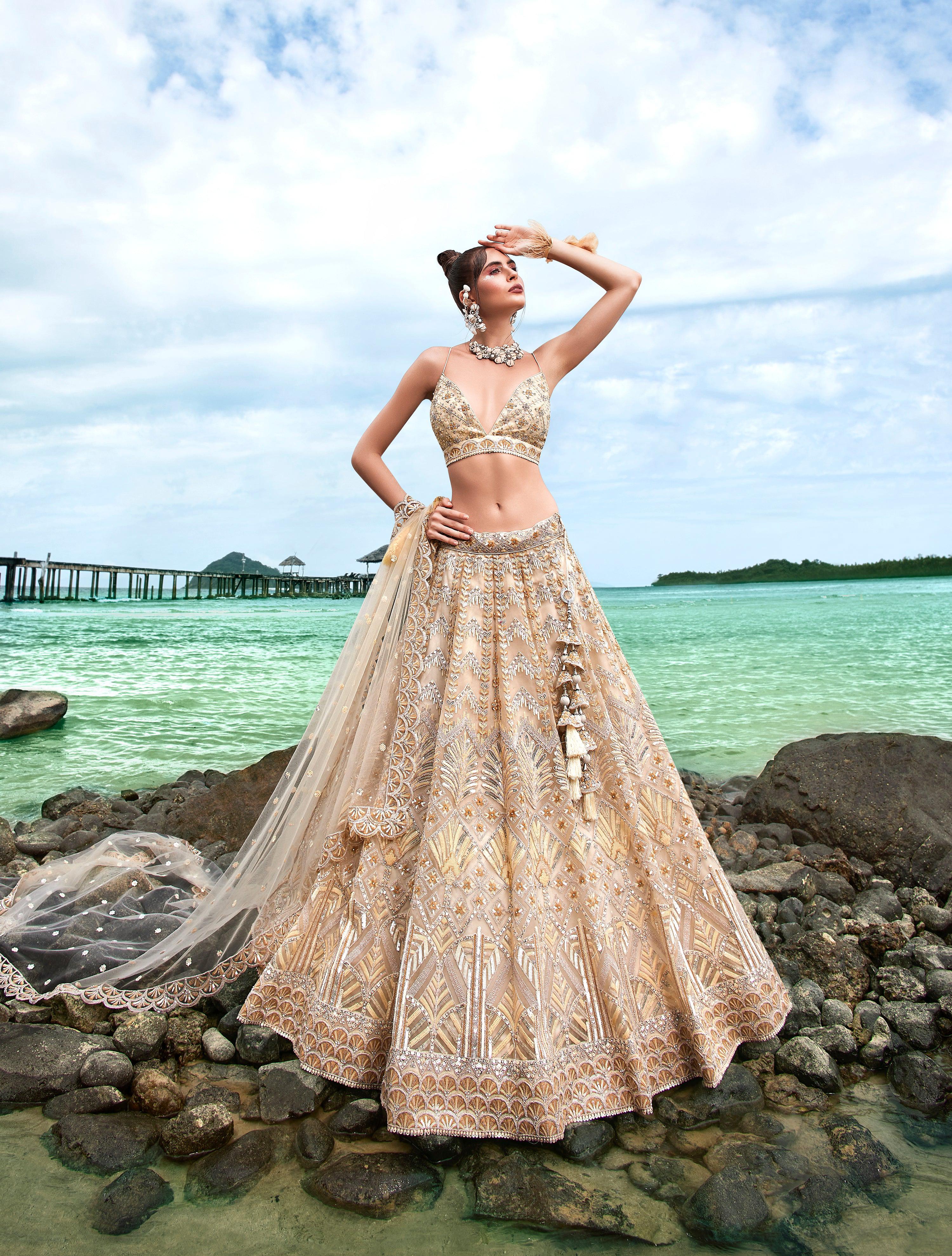 House of Panchhi Cream Net Sequins, Zarkan And Thread Embroidery Lehenga Choli & Dupatta