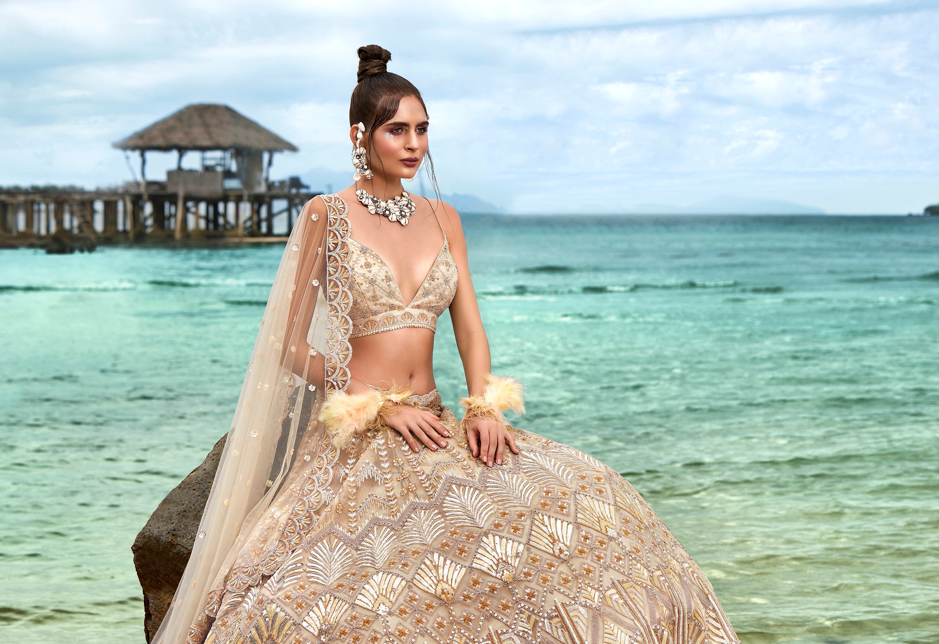 House of Panchhi Cream Net Sequins, Zarkan And Thread Embroidery Lehenga Choli & Dupatta