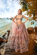 House of Panchhi Peach Organza Sequins, Moti And Thread Embroidery Lehenga Choli & Dupatta
