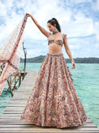 House of Panchhi Peach Organza Sequins, Moti And Thread Embroidery Lehenga Choli & Dupatta