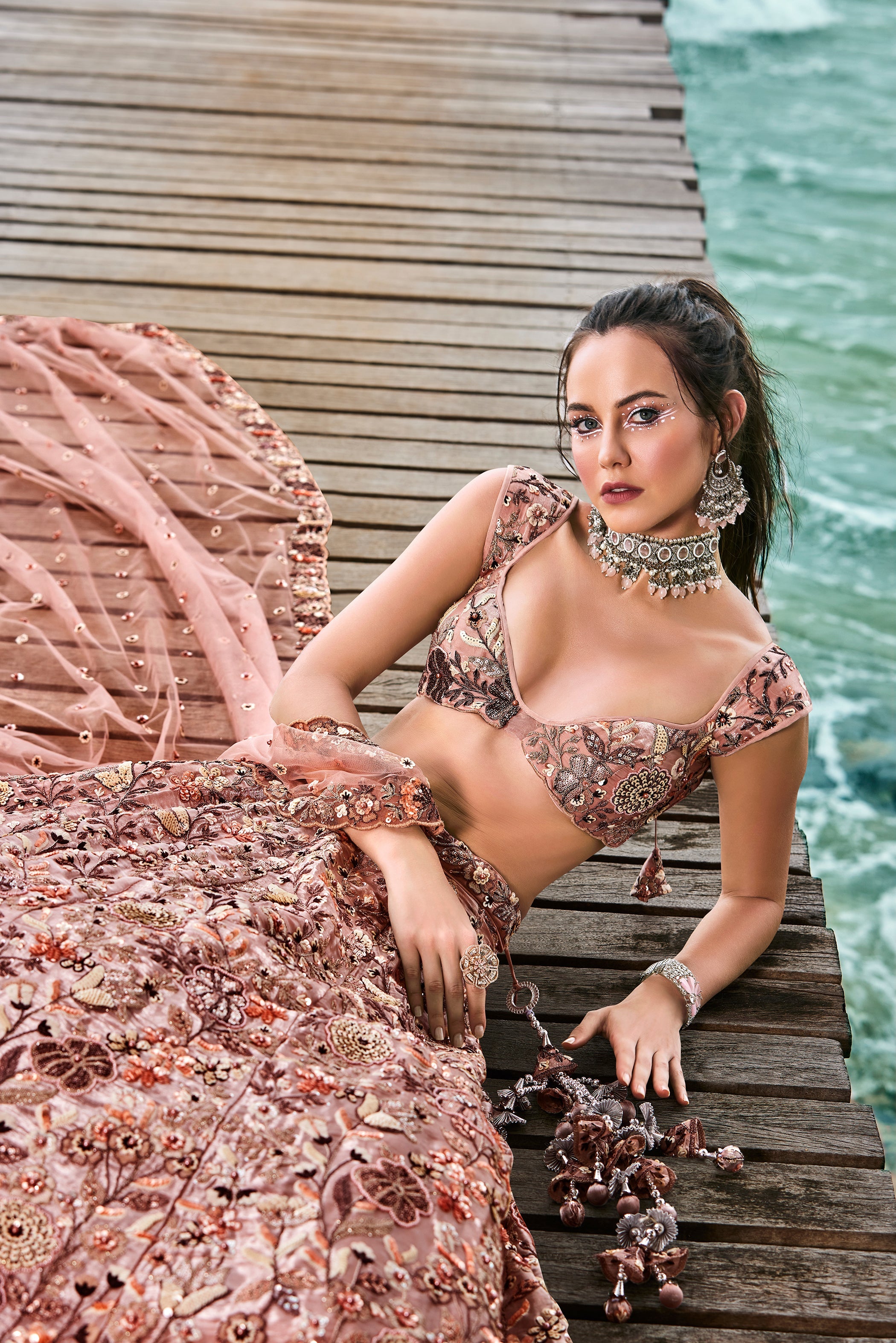 House of Panchhi Peach Organza Sequins, Moti And Thread Embroidery Lehenga Choli & Dupatta