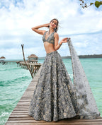 House of Panchhi Grey Organza Sequins, Moti And Thread Embroidery Lehenga Choli & Dupatta