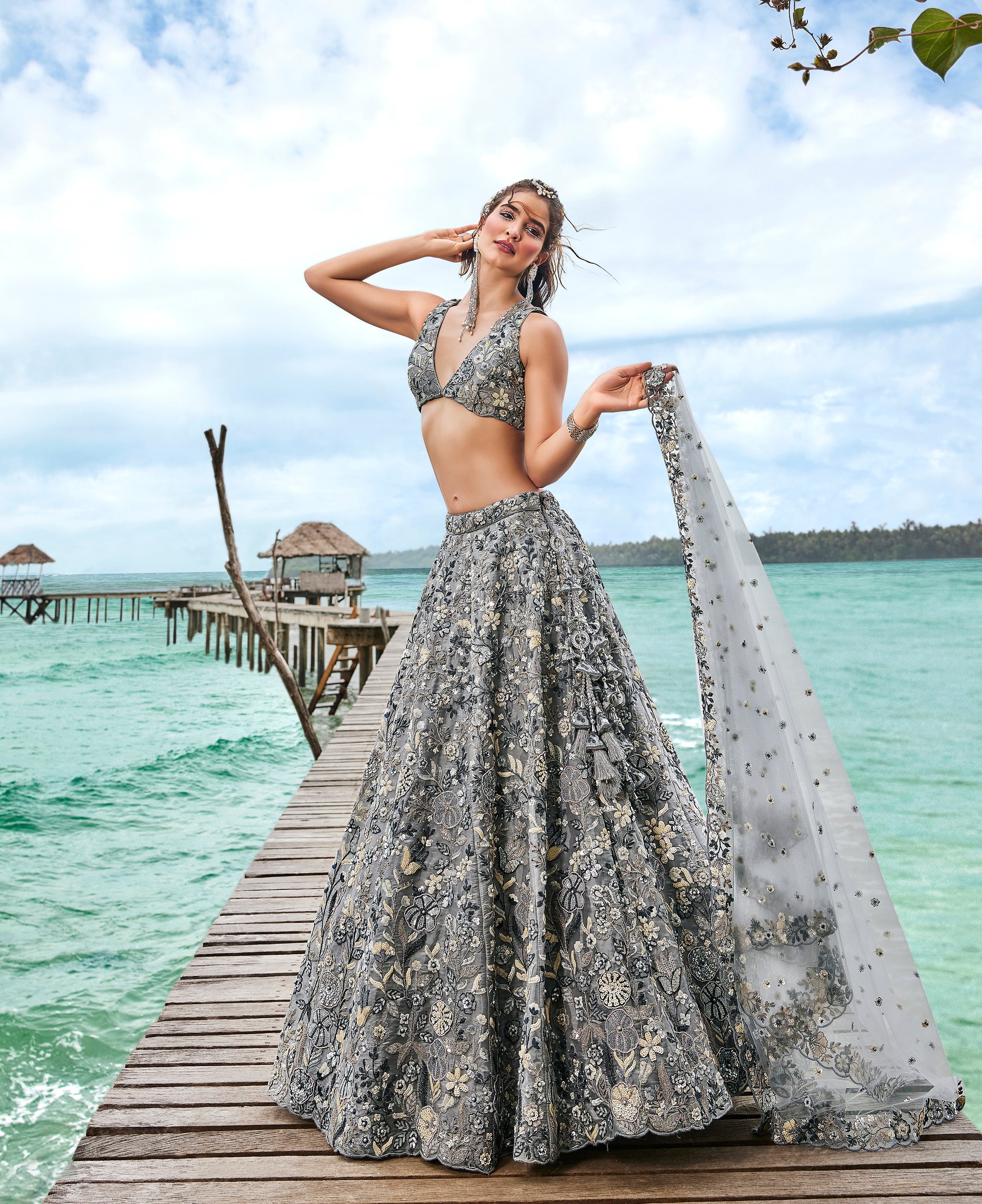 House of Panchhi Grey Organza Sequins, Moti And Thread Embroidery Lehenga Choli & Dupatta