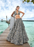 House of Panchhi Grey Organza Sequins, Moti And Thread Embroidery Lehenga Choli & Dupatta