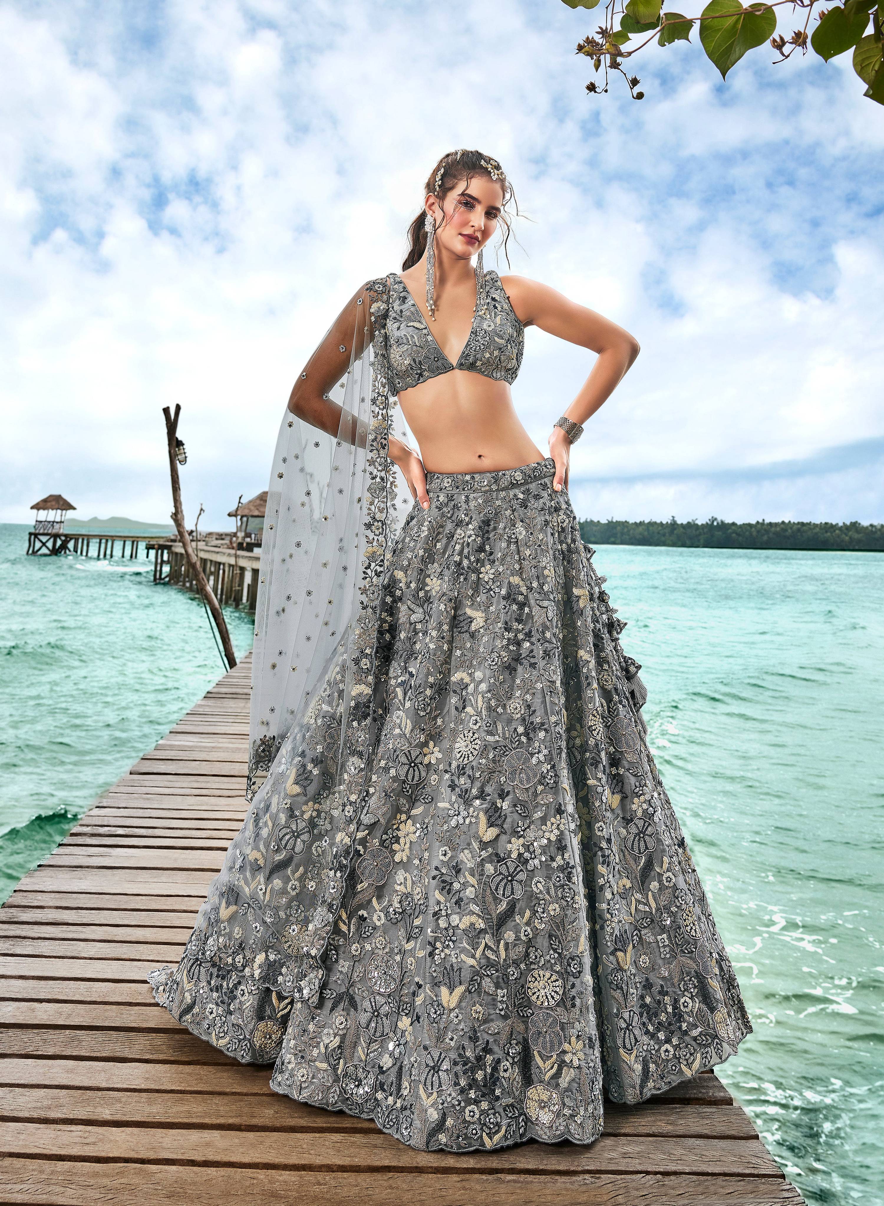 House of Panchhi Grey Organza Sequins, Moti And Thread Embroidery Lehenga Choli & Dupatta