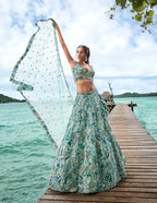 House of Panchhi Turquoise Blue Organza Sequins, Moti And Thread Embroidery Lehenga Choli & Dupatta