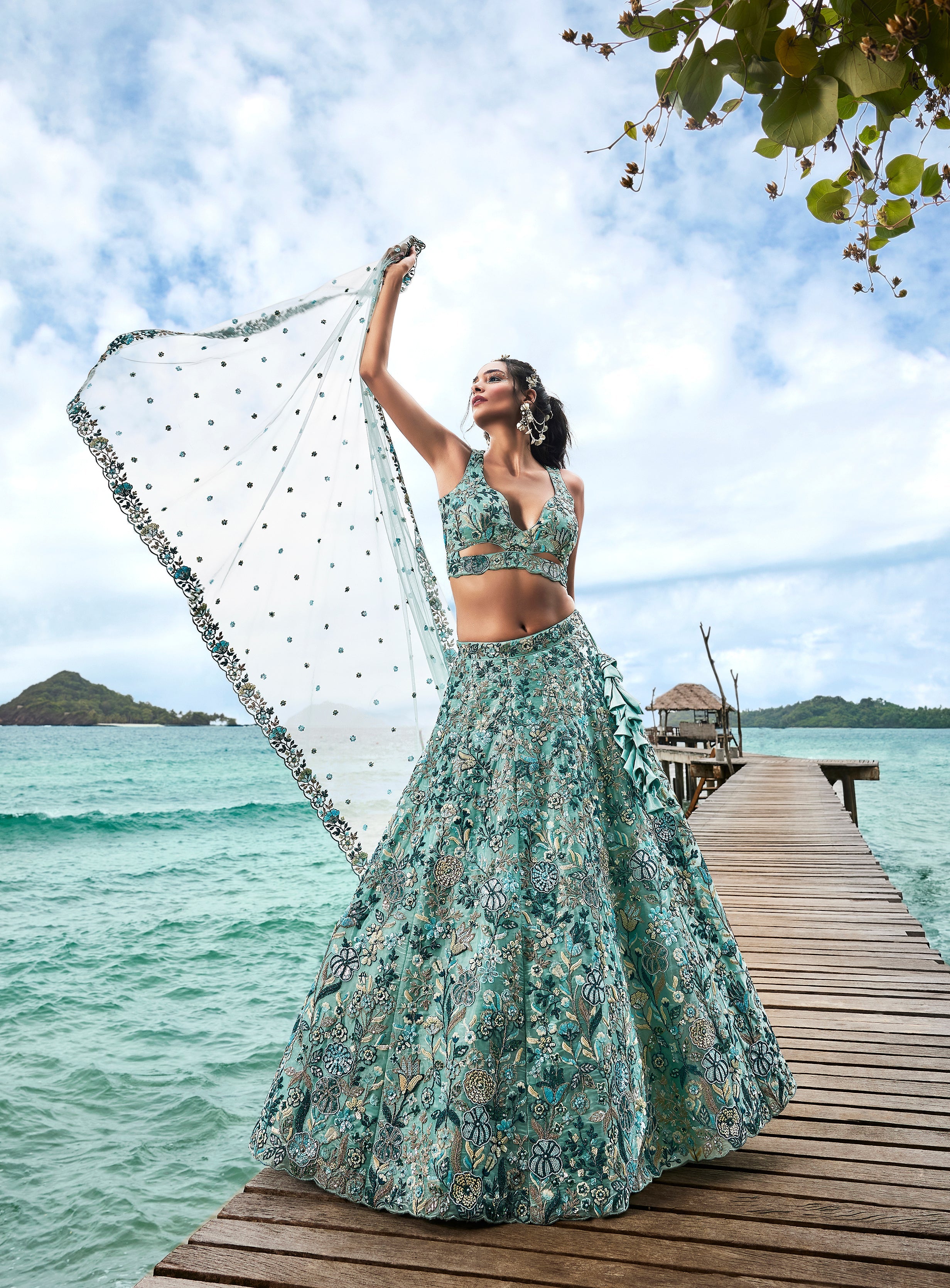 House of Panchhi Turquoise Blue Organza Sequins, Moti And Thread Embroidery Lehenga Choli & Dupatta