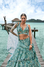 House of Panchhi Turquoise Blue Organza Sequins, Moti And Thread Embroidery Lehenga Choli & Dupatta