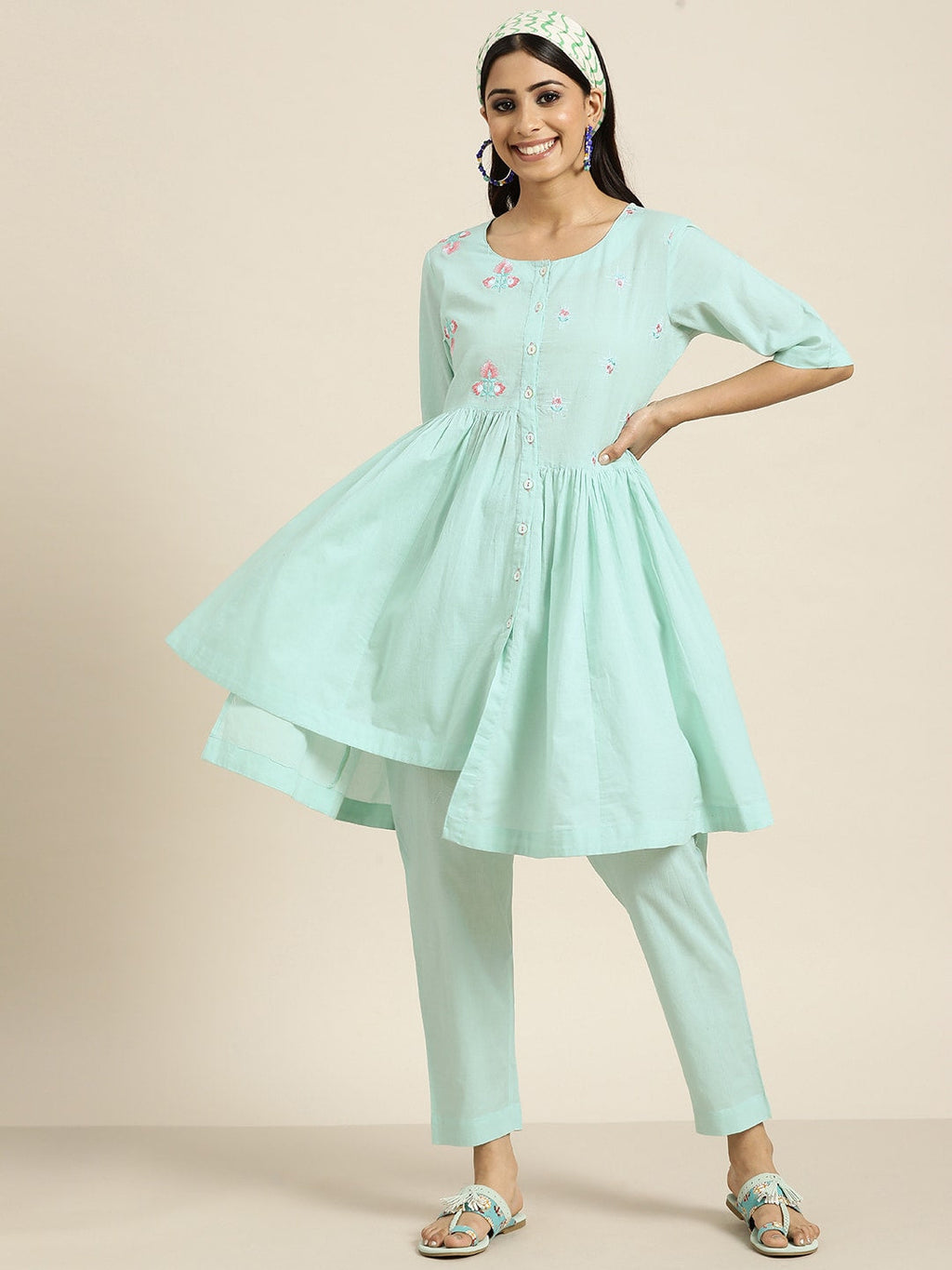 Sangria Women Turquoise Blue Floral Embroidered Kurta with Palazzos