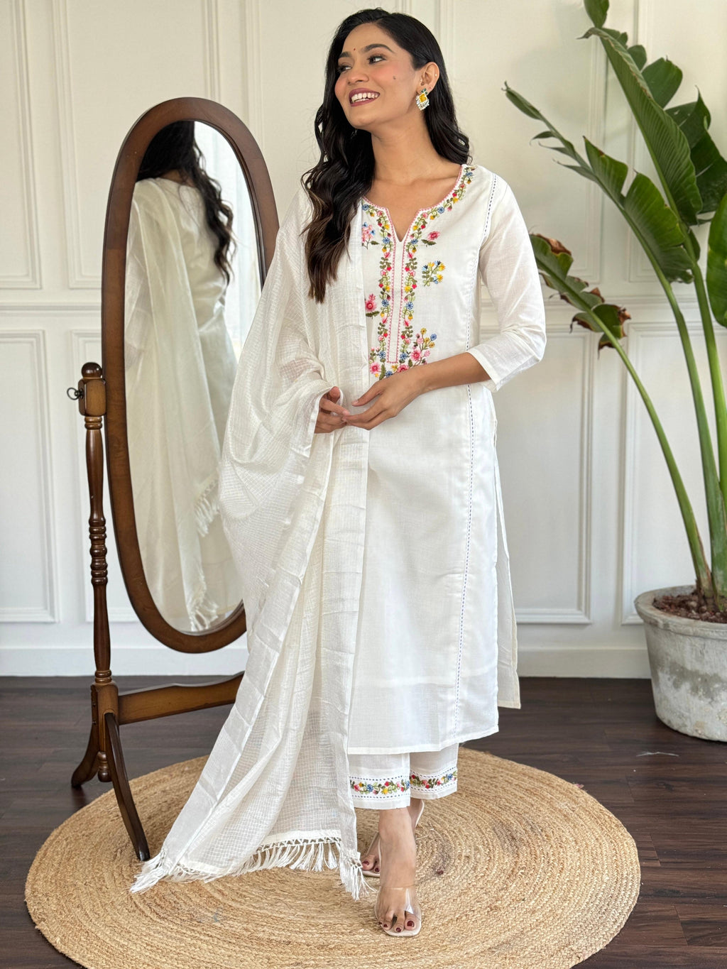 The52 Women's Viscose Thread work Straight Kurta with Pant and Dupatta Set - Distacart
