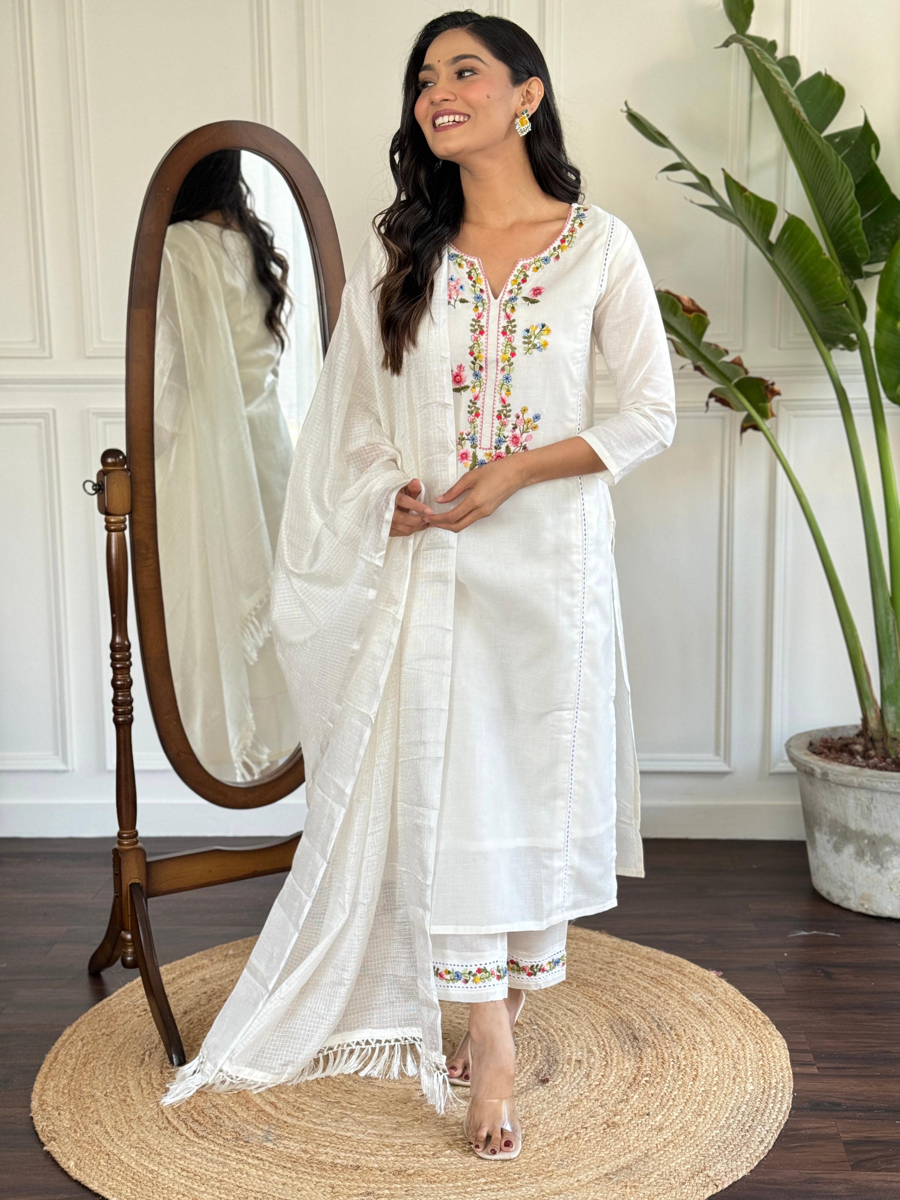 The52 Women's Viscose Thread work Straight Kurta with Pant and Dupatta Set - Distacart