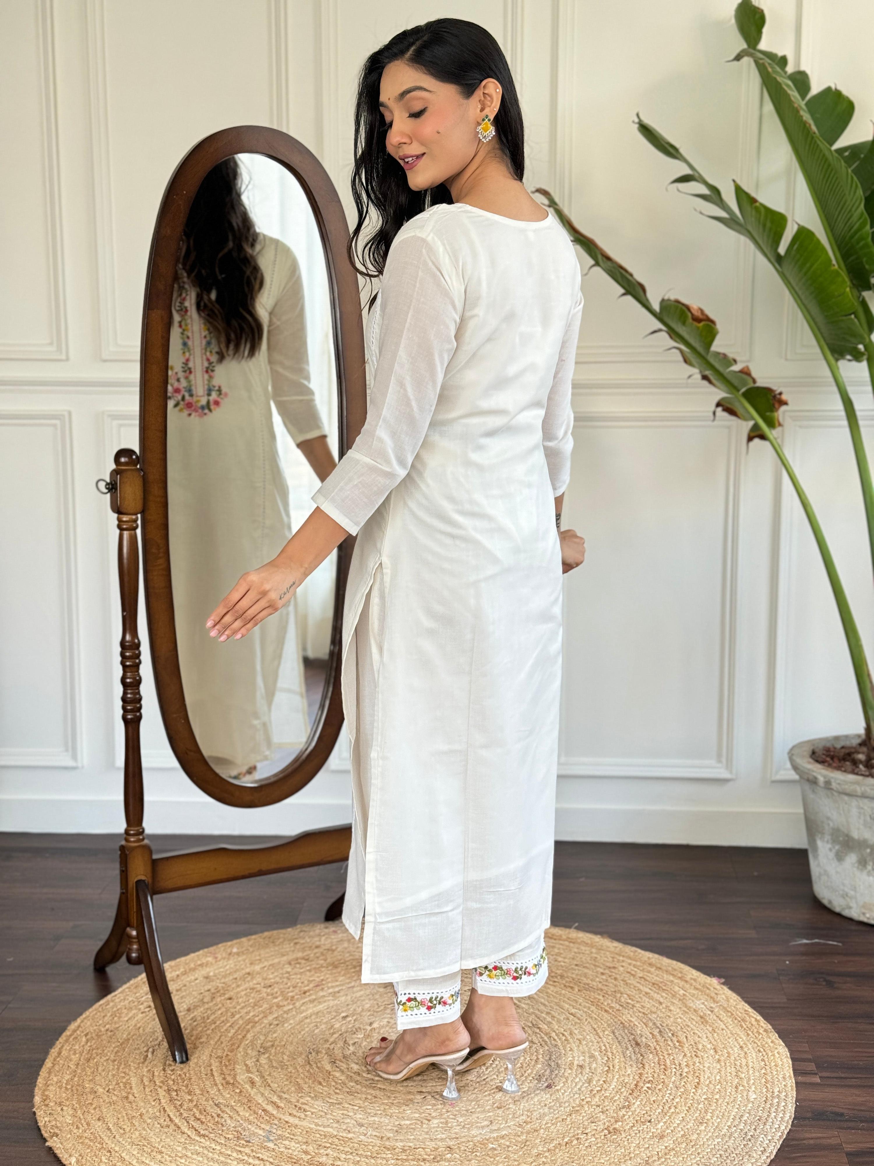 The52 Women's Viscose Thread work Straight Kurta with Pant and Dupatta Set - Distacart