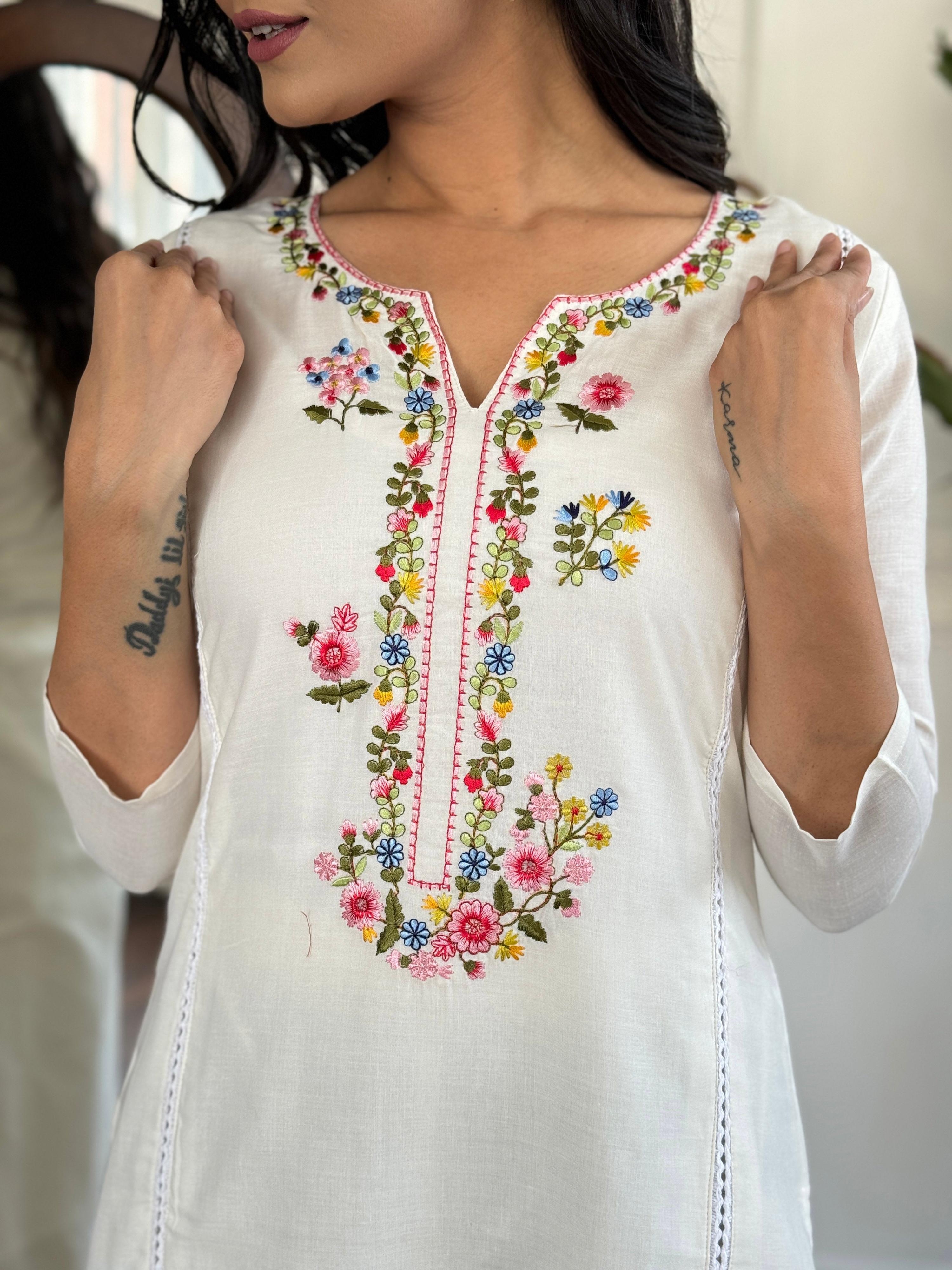 The52 Women's Viscose Thread work Straight Kurta with Pant and Dupatta Set - Distacart