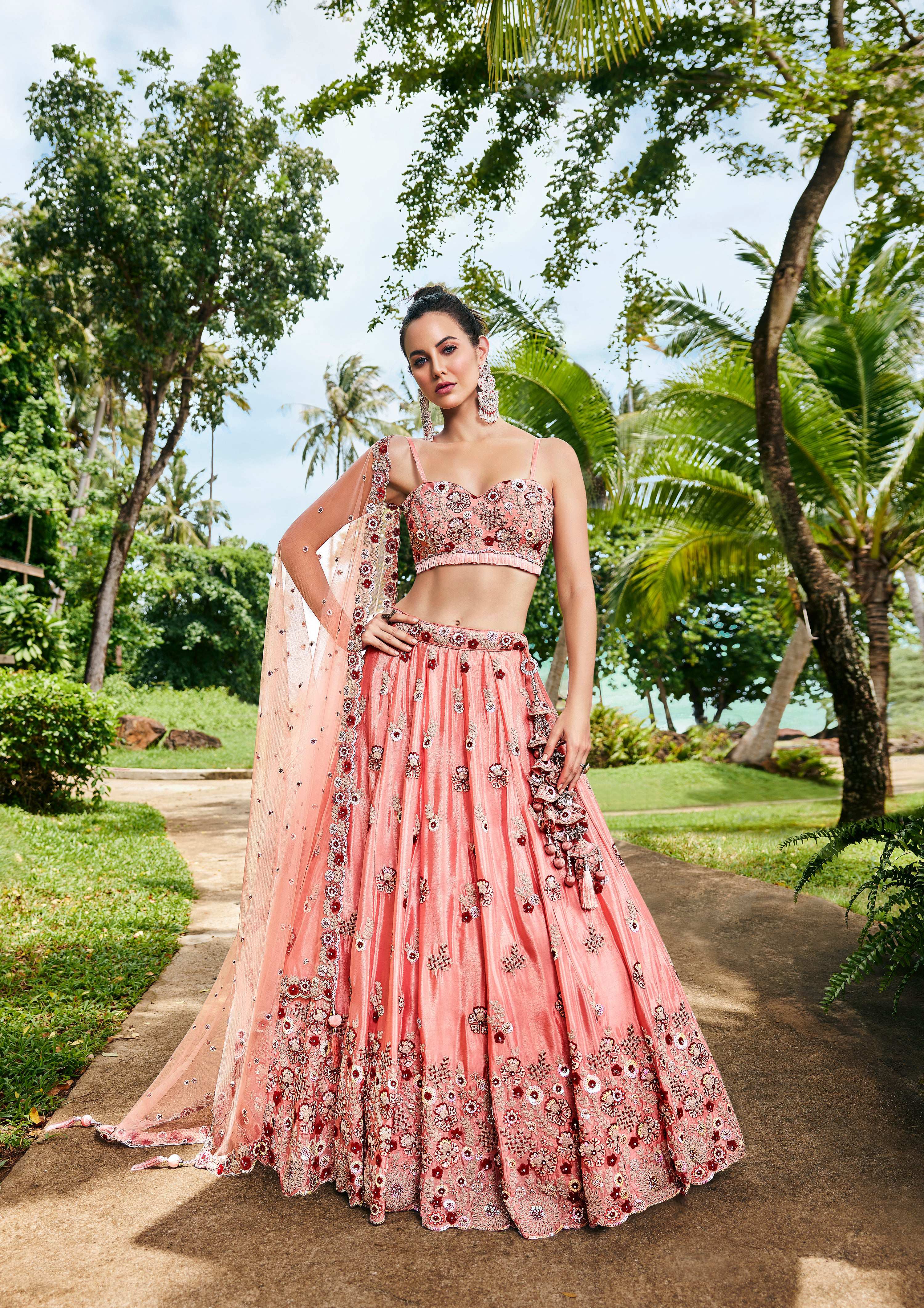 House of Panchhi Peach Pure Georgette Sequins, Zarkan And Thread Embroidery Lehenga Choli & Dupatta