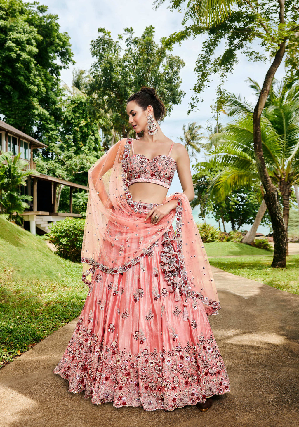 House of Panchhi Peach Pure Georgette Sequins, Zarkan And Thread Embroidery Lehenga Choli & Dupatta