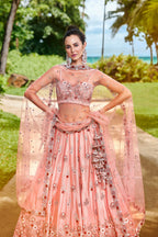 House of Panchhi Peach Pure Georgette Sequins, Zarkan And Thread Embroidery Lehenga Choli & Dupatta