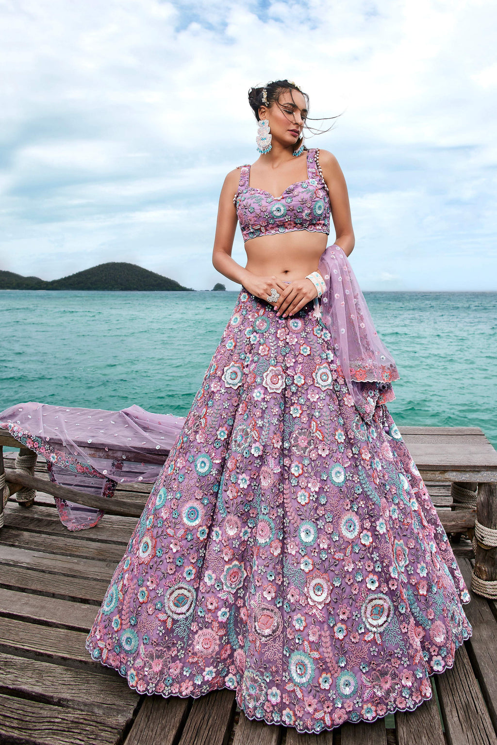 House of Panchhi Mauve Net Sequins, Mirror And Thread Embroidery Lehenga Choli & Dupatta