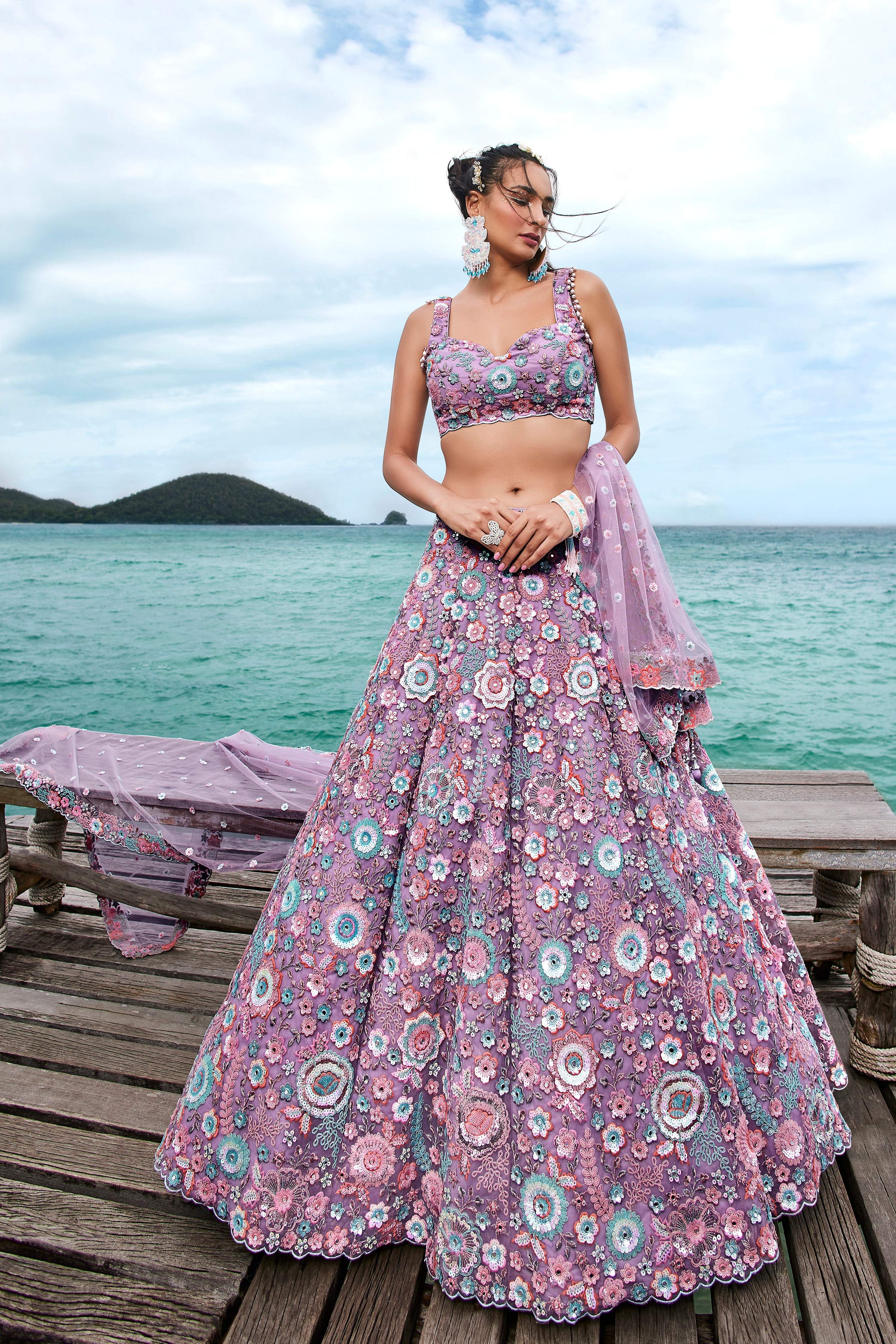 House of Panchhi Mauve Net Sequins, Mirror And Thread Embroidery Lehenga Choli & Dupatta