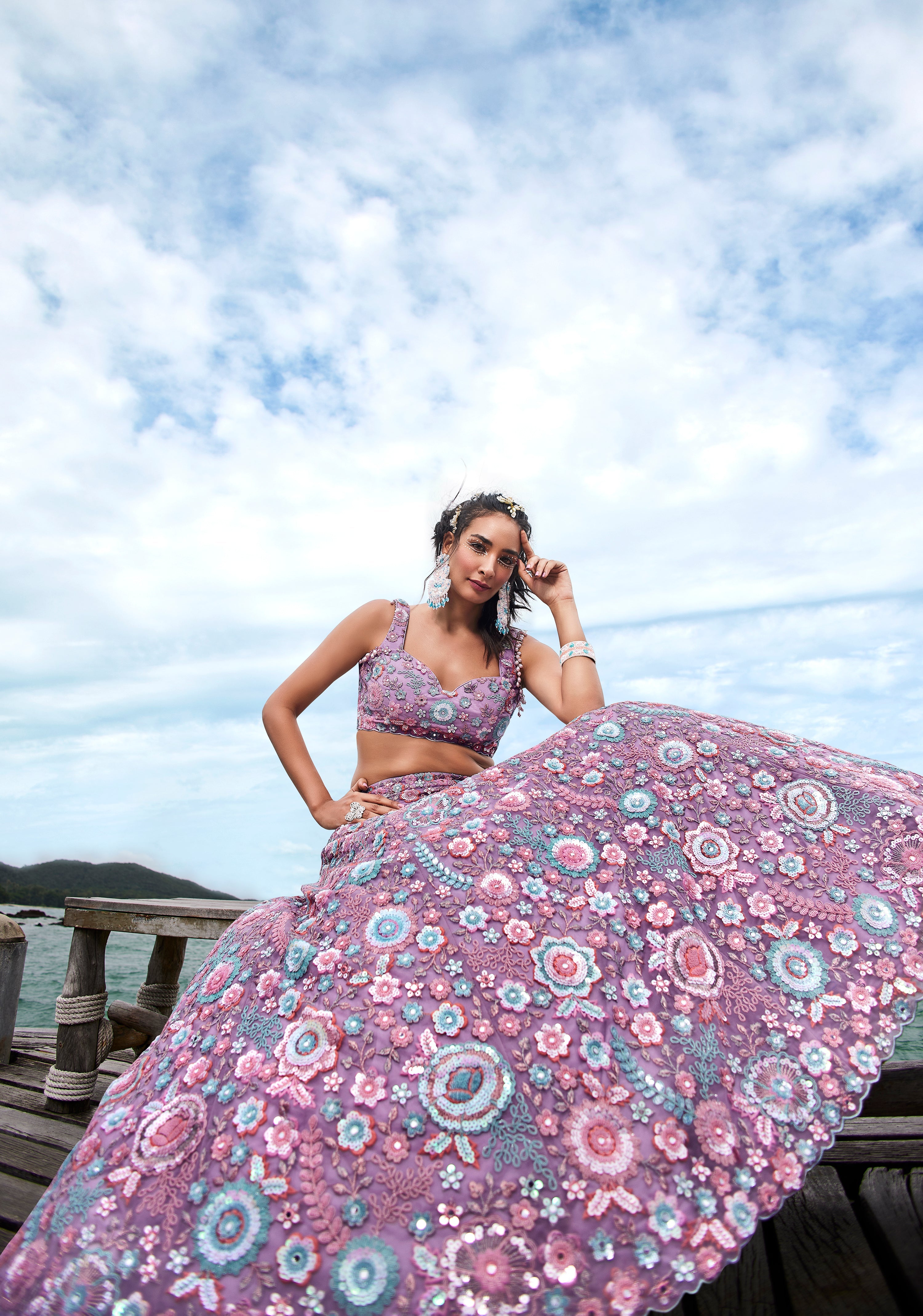 House of Panchhi Mauve Net Sequins, Mirror And Thread Embroidery Lehenga Choli & Dupatta
