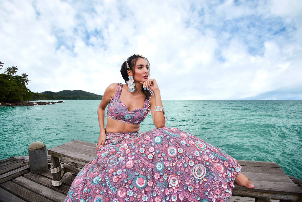 House of Panchhi Mauve Net Sequins, Mirror And Thread Embroidery Lehenga Choli & Dupatta