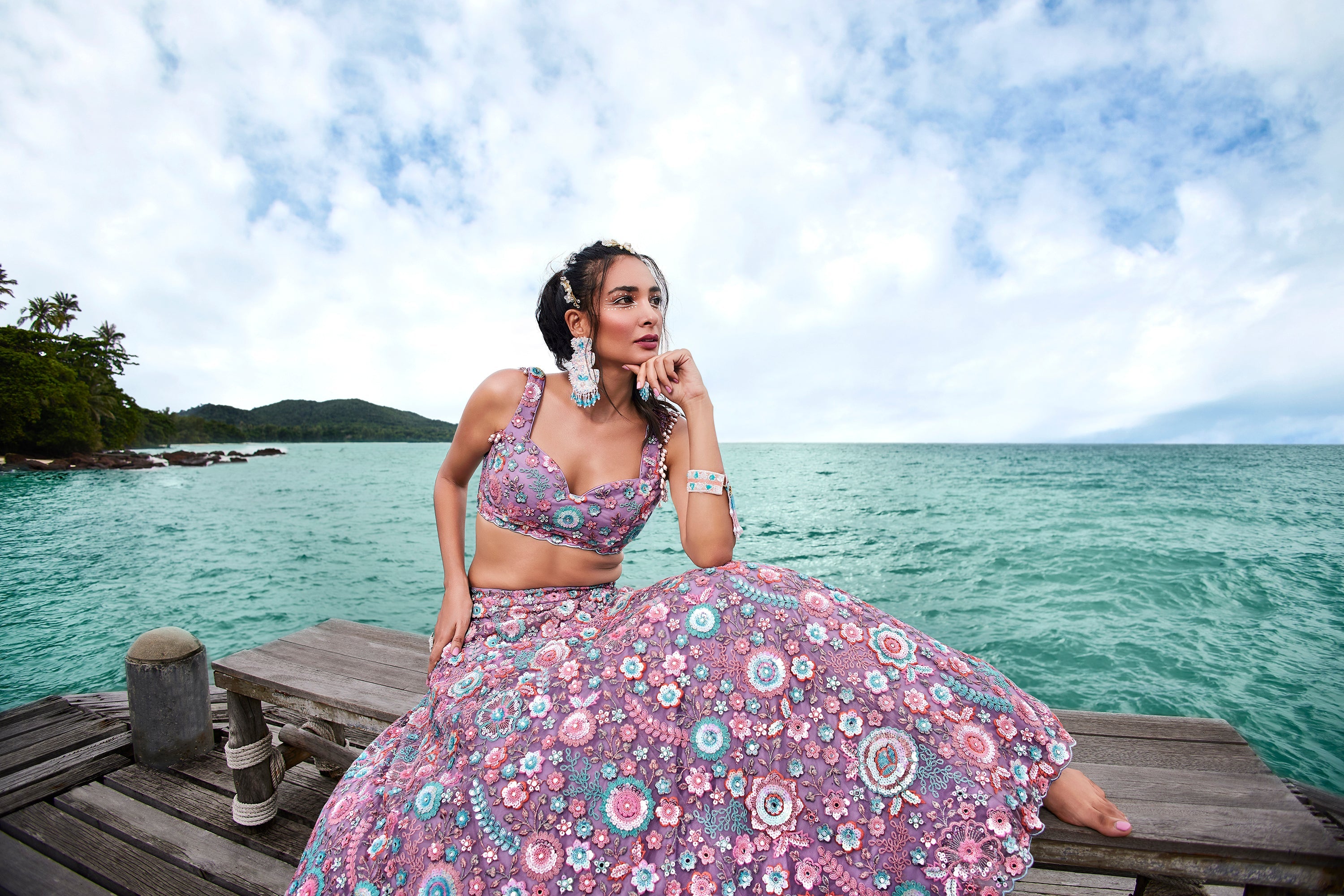 House of Panchhi Mauve Net Sequins, Mirror And Thread Embroidery Lehenga Choli & Dupatta