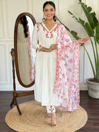 The52 Women's Off White Viscose Rayon Embroidered Flared Kurta, Pant and Dupatta Set - Distacart