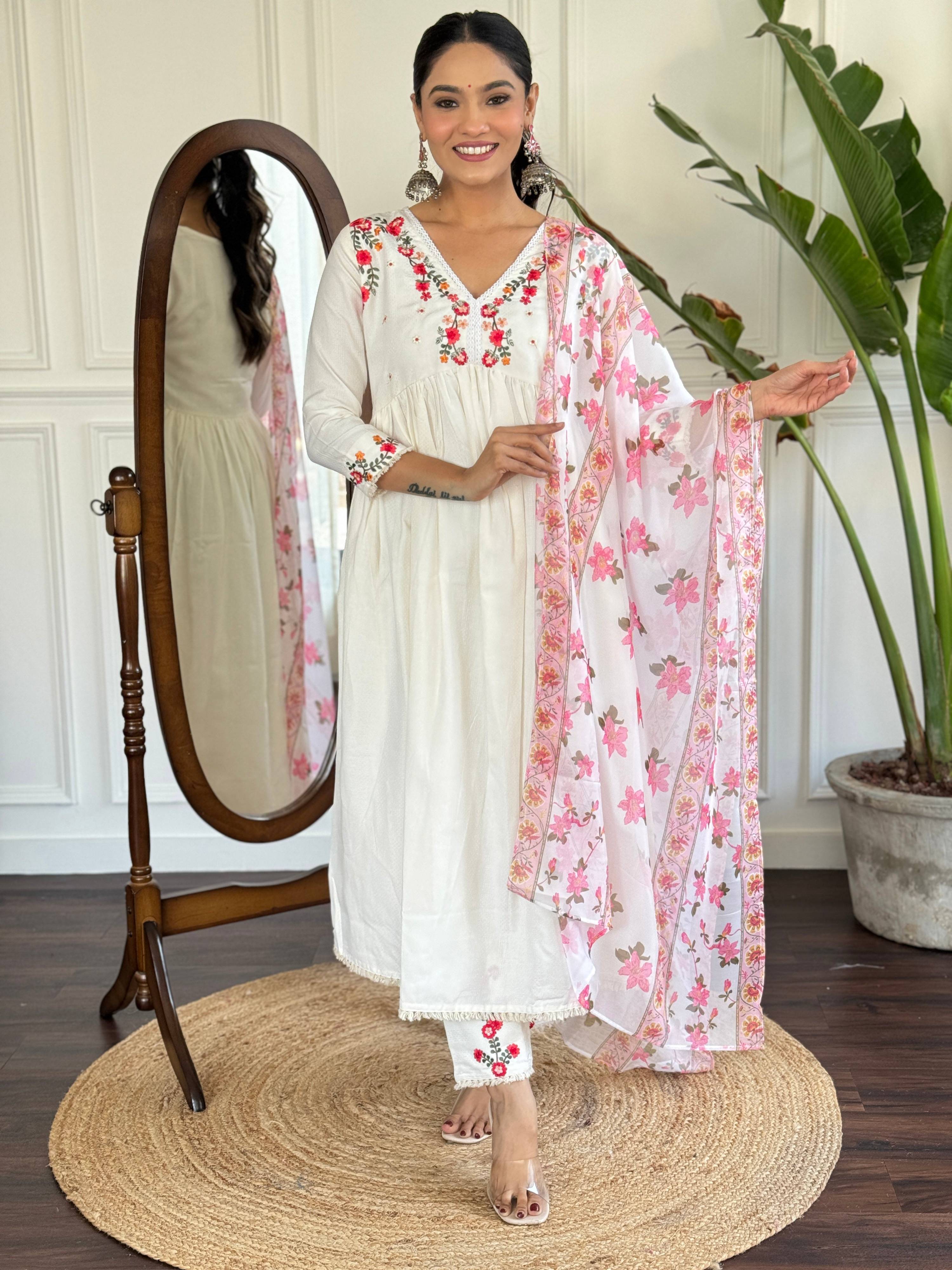 The52 Women's Off White Viscose Rayon Embroidered Flared Kurta, Pant and Dupatta Set - Distacart