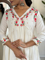 The52 Women's Off White Viscose Rayon Embroidered Flared Kurta, Pant and Dupatta Set - Distacart