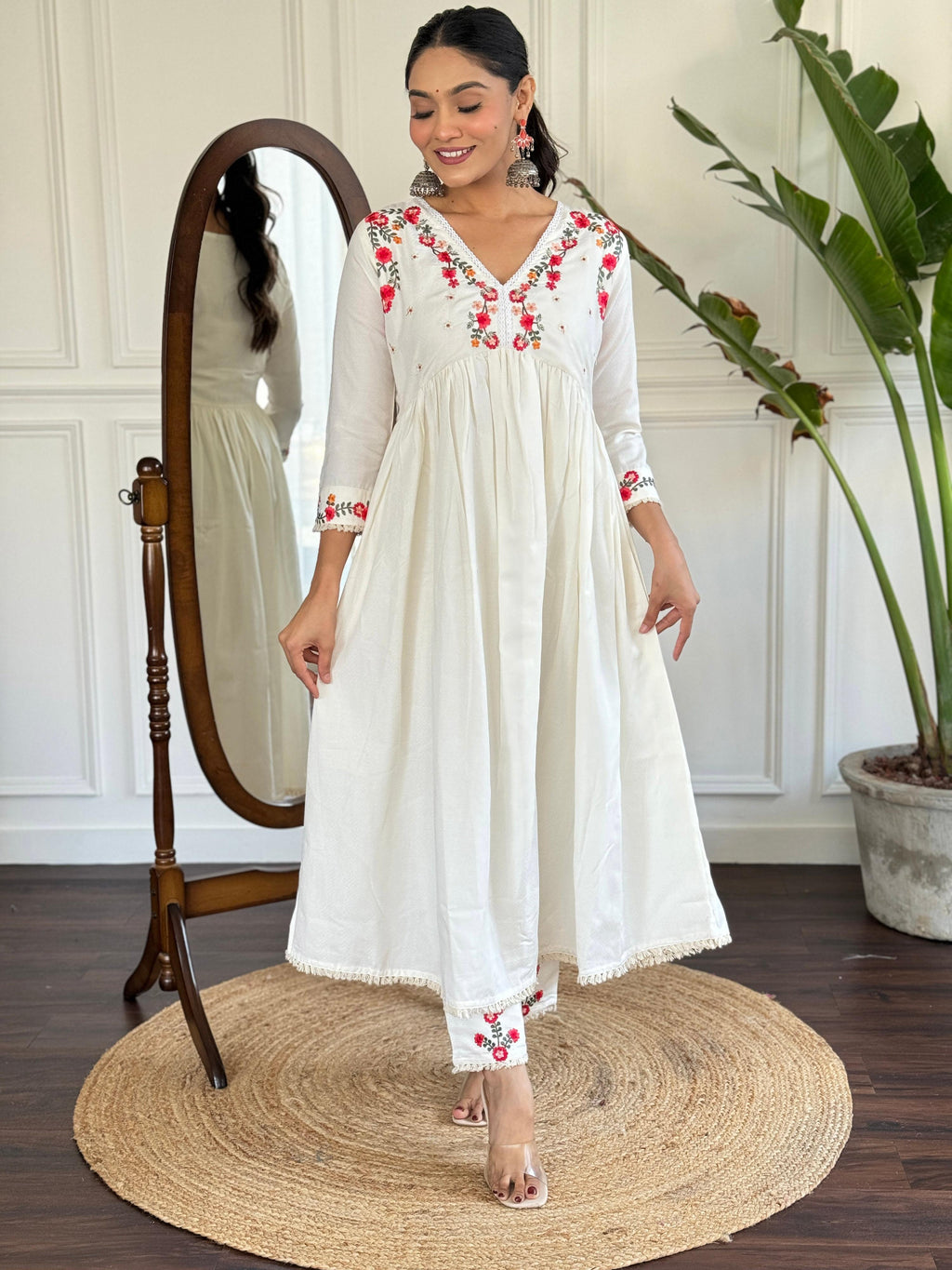 The52 Women's Off White Viscose Rayon Embroidered Flared Kurta, Pant and Dupatta Set - Distacart