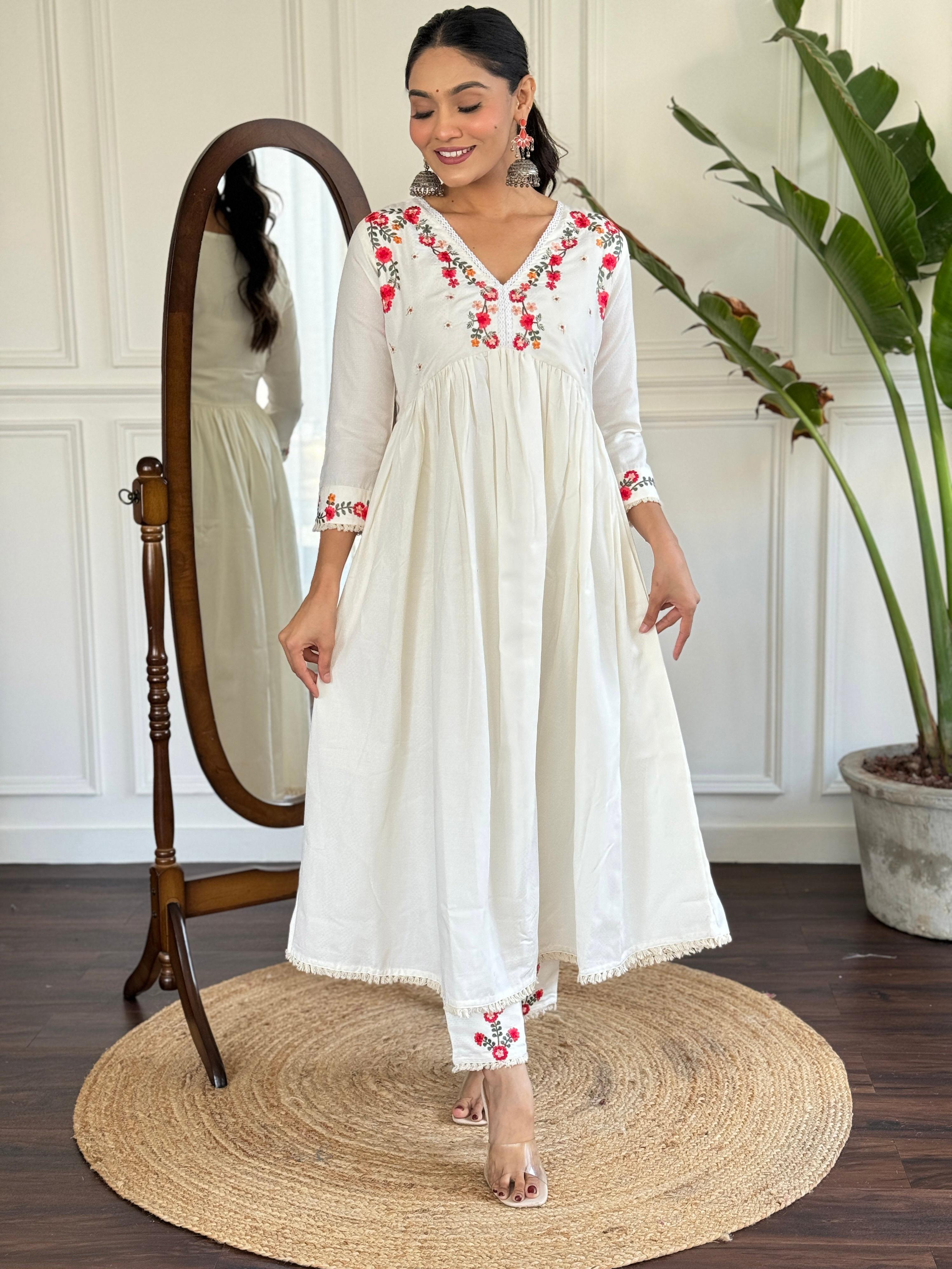 The52 Women's Off White Viscose Rayon Embroidered Flared Kurta, Pant and Dupatta Set - Distacart
